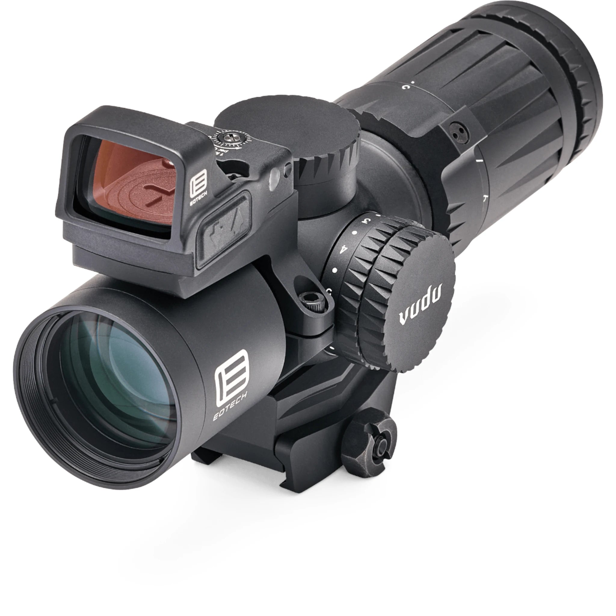Schwarzes EOTECH Vudu 3-9x32 SFP Zielfernrohr mit Picatinny-Montage, seitlich angebrachte Einstelltürme, kompakte, leichte.