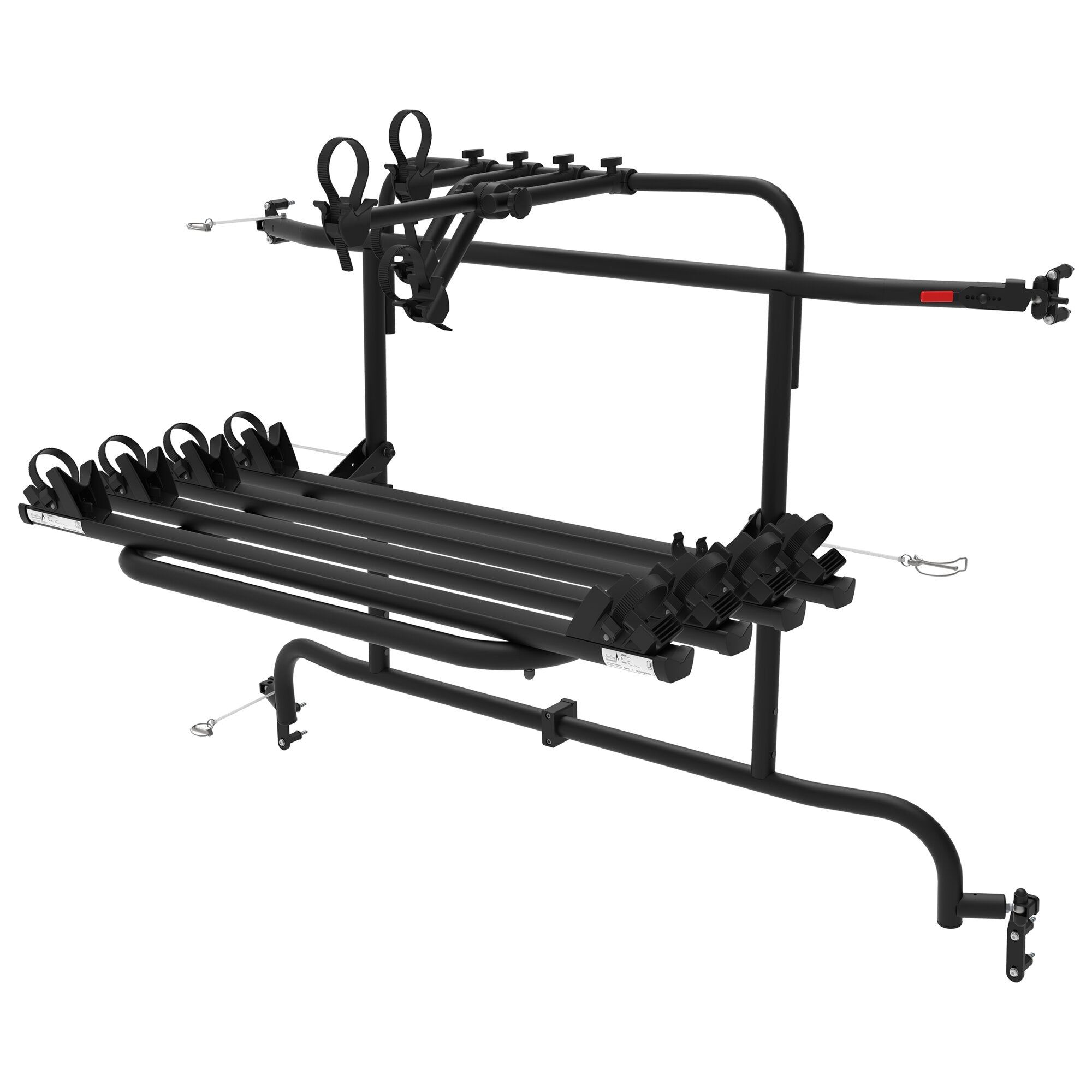 Scharnier-Fahrradträger in Schwarz mit runden Halteklammern für Fahrradrahmen, Radhalterungen und rotem Reflektor