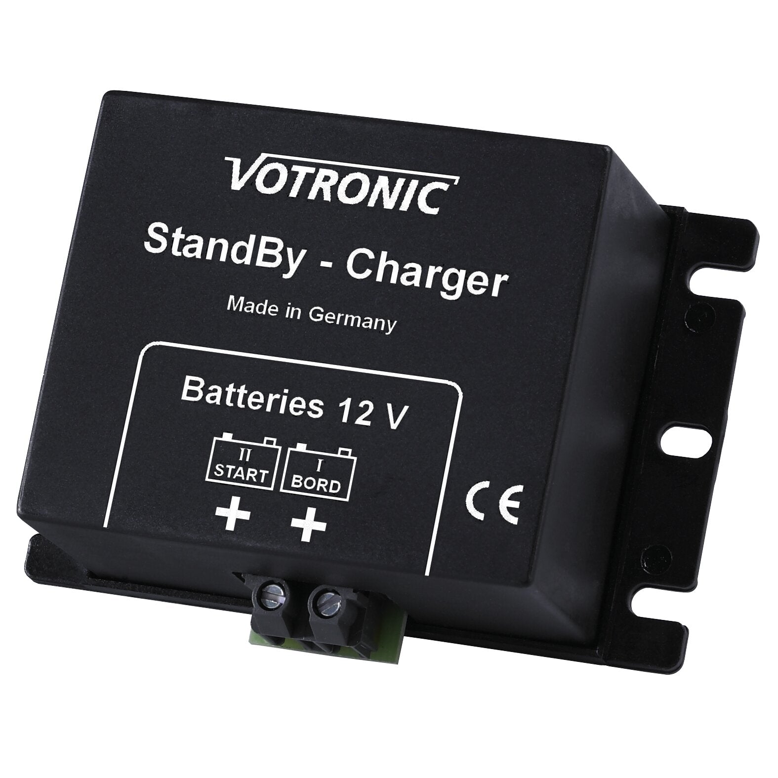 Schwarzes Erhaltungsladegerät StandBy-Charger 12-V-Batterien, Beschriftung VOTRONIC StandBy-Charger Made in Germany, Anschlussklemmen unten