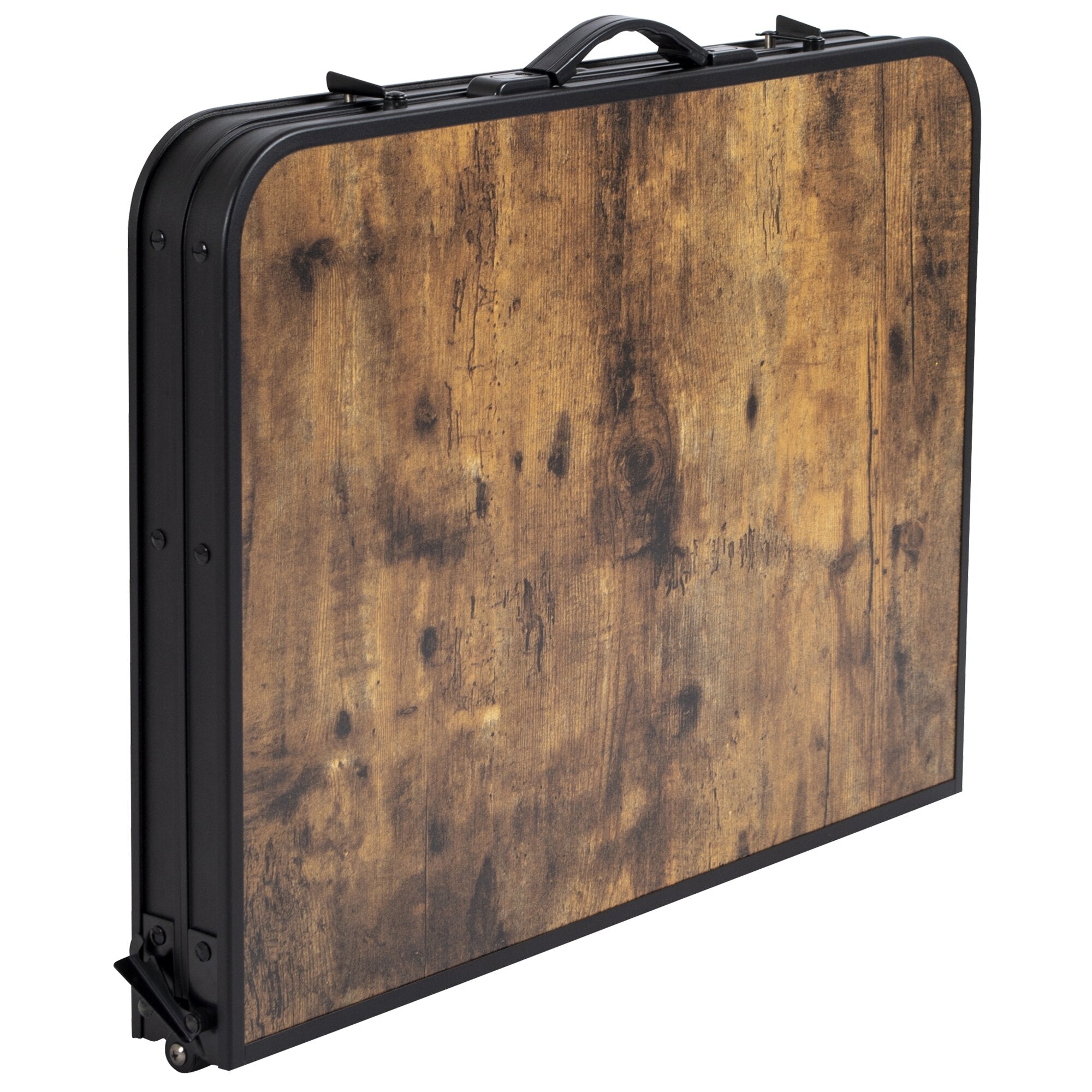Zusammengefalteter Campingtisch Woodbine 90 x 60 cm mit Holzoptik in Braun und schwarzem Metallrahmen, Tragegriff oben sowie Verschlussdetails am Rand