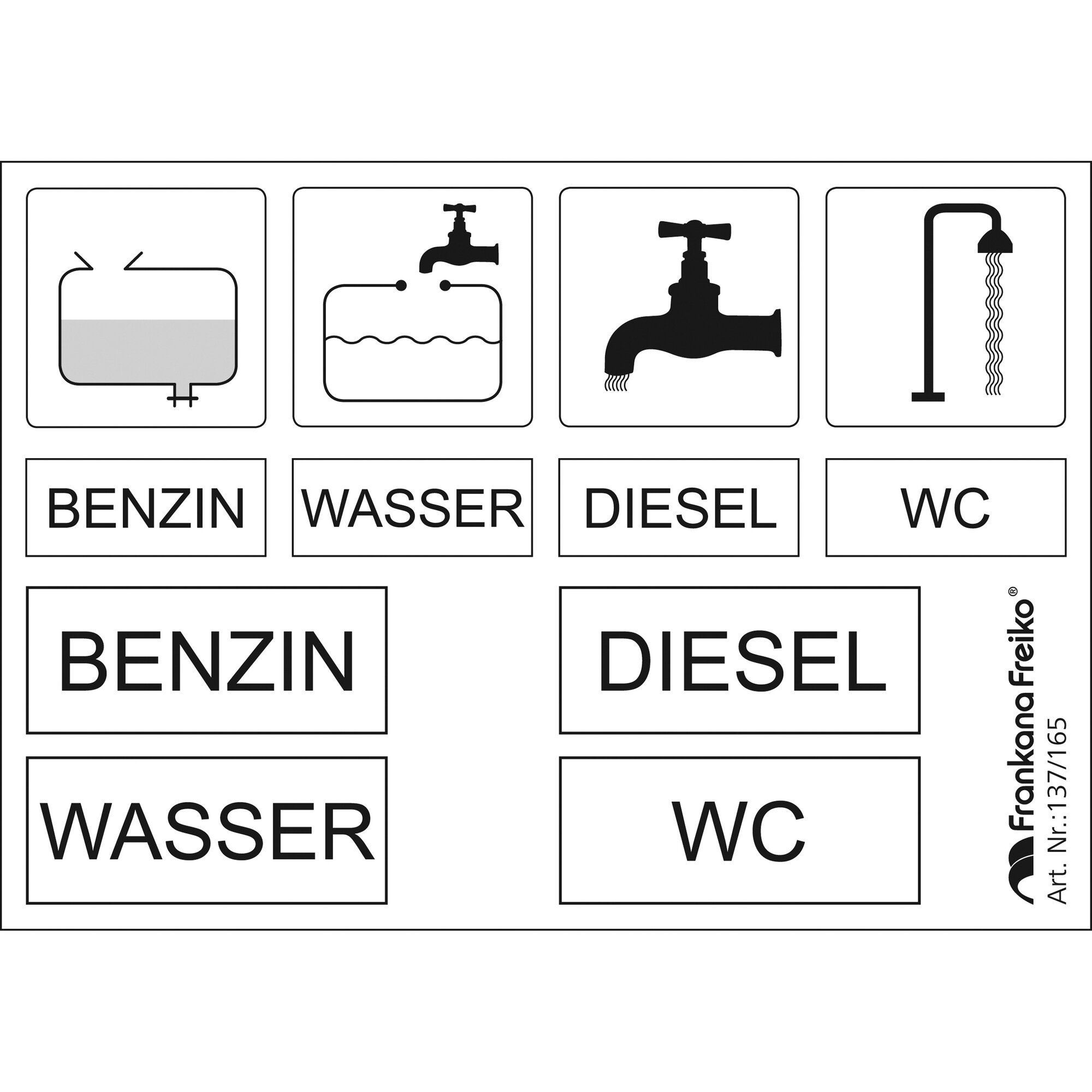 Hinweisschilderset mit vier Symbolfeldern: Tank mit Flüssigkeit, Wasserbehälter mit Hahn, Hahn, Duschkopf; darunter BENZIN WASSER DIESEL WC