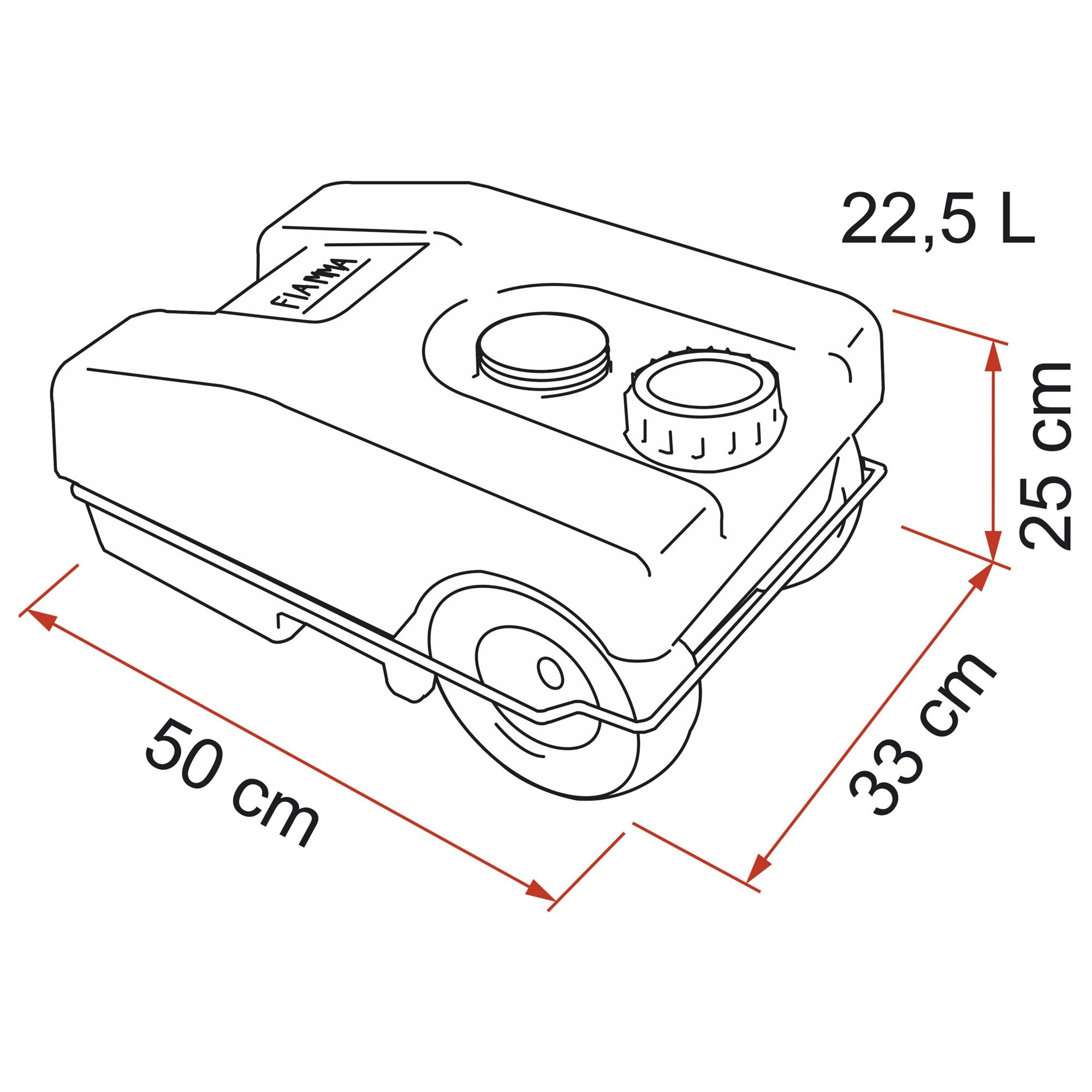 Schwarz-weißes Diagramm eines tragbaren Rolltank-Systems mit Deckel, Griff und Rotmaßlinien, Länge ca. 50 cm und Breite ca. 33 cm