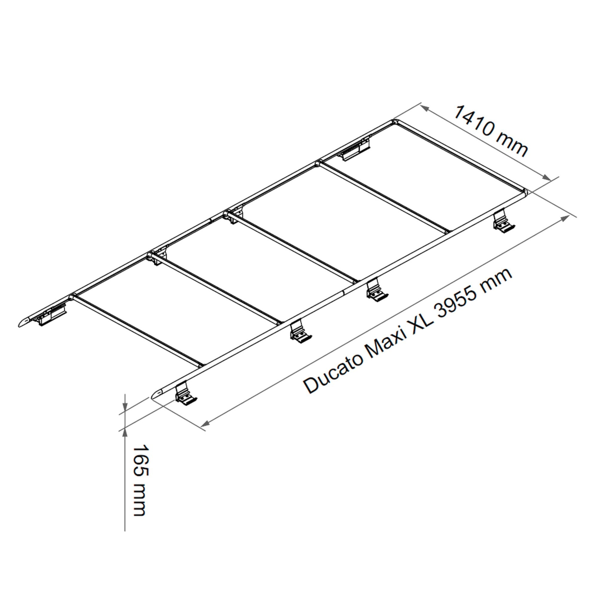 Technische Zeichnung einer Dachreling für Ducato Maxi XL, längliches Rahmensystem mit Querträgern und Befestigungsklemmen, Maßangaben 1410 mm Breite und 3955 mm Länge