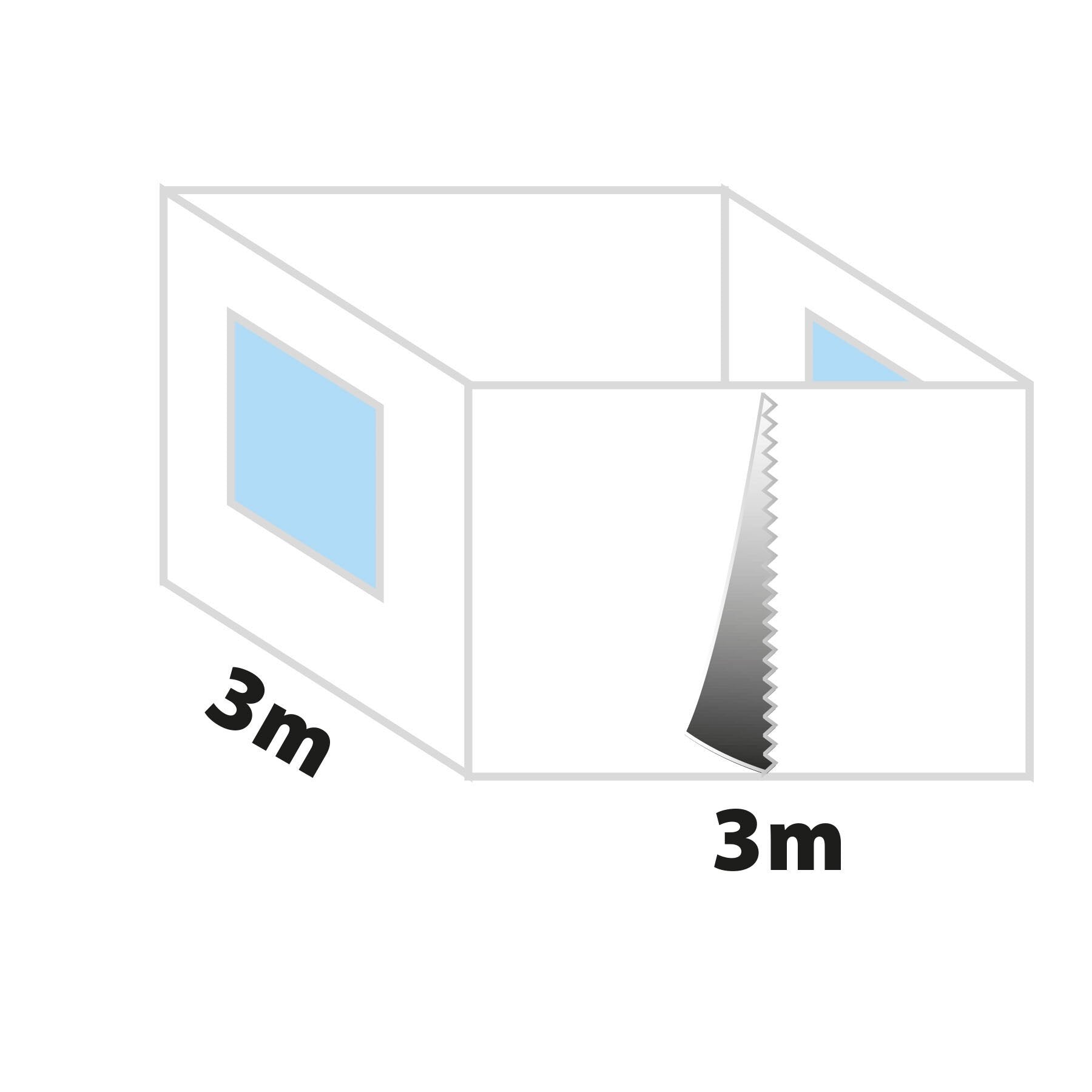 Isometrische Darstellung eines dreiteiligen Seitenwandsets Zebò Enjoy 2, 300 cm, graue Wandrahmen, blaue Fenster, 3 m