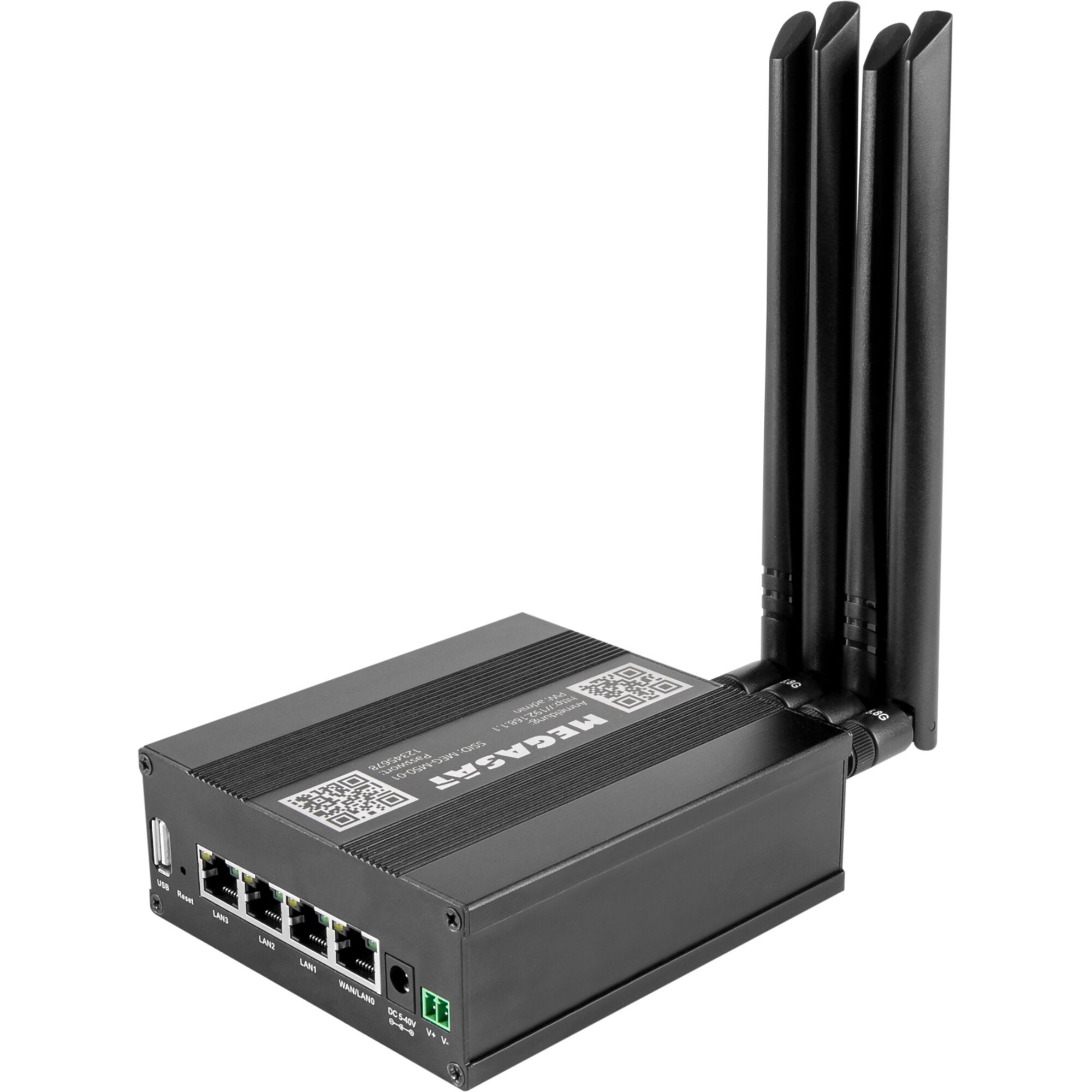 Schwarzer Router mit vier Antennen, Basis-Einheit mit LAN1 LAN2 LAN3 LAN4, USB-Port, Reset-Taste und QR-Code-Aufkleber, Megasat Camper Connected 5G