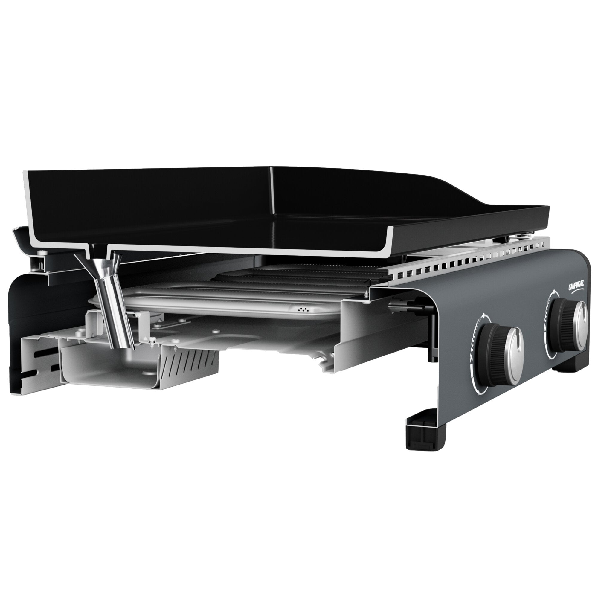 Teilaufgeklappter Camping-Gasgrill mit Plancha, schwarze Haube, Edelstahlrahmen, sichtbare Brennerabdeckung und seitliche Knöpfe