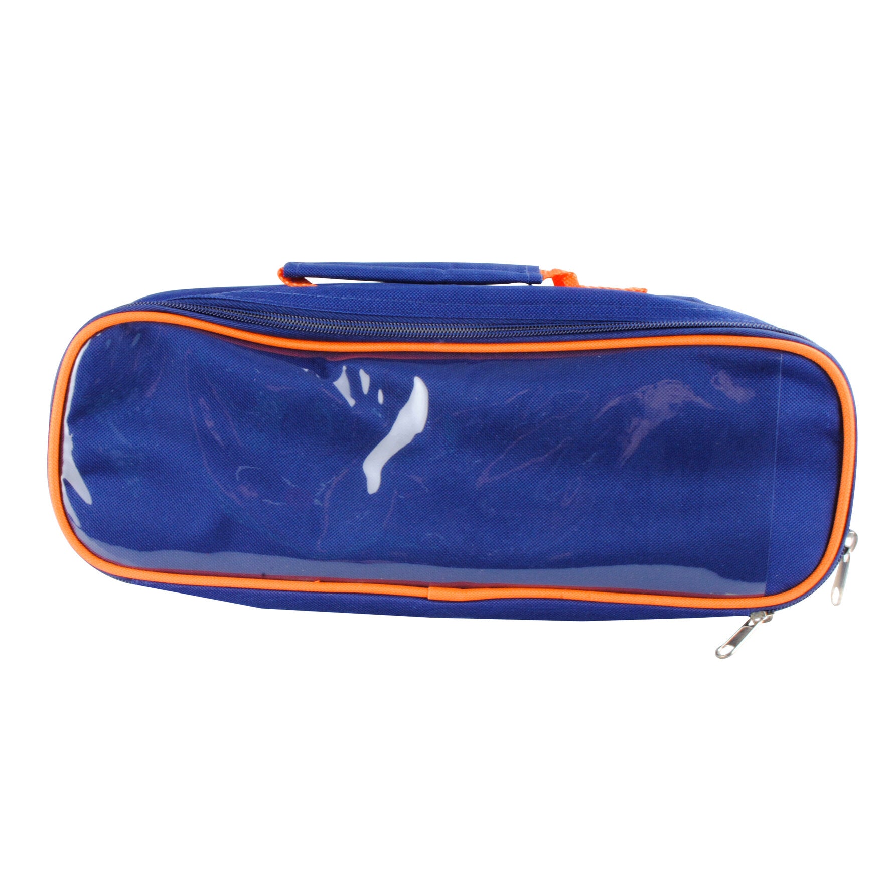 Blaue leere PP-Tasche in Seitenansicht mit orangefarbenem Reißverschluss und orangefarbenem Rand, Griff oben sichtbar