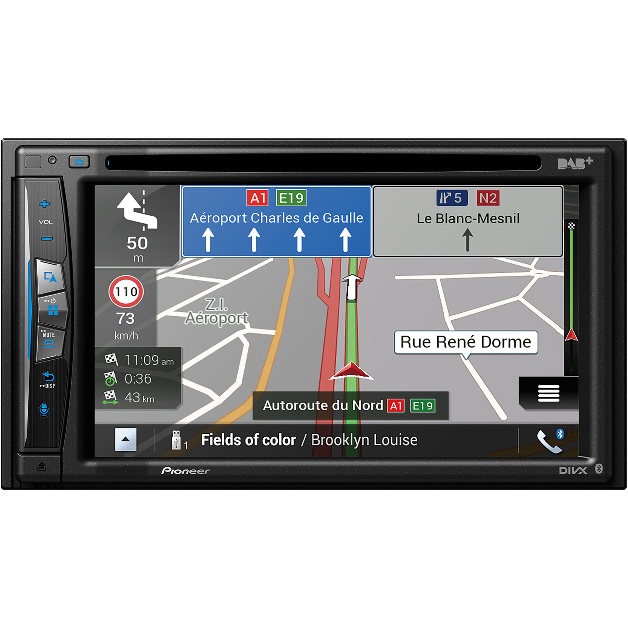 Frontansicht eines Pioneer AVIC-Z730DAB-C-M3 Navigationssystems mit Touchscreen, Kartenanzeige und Pfeilen auf der Route