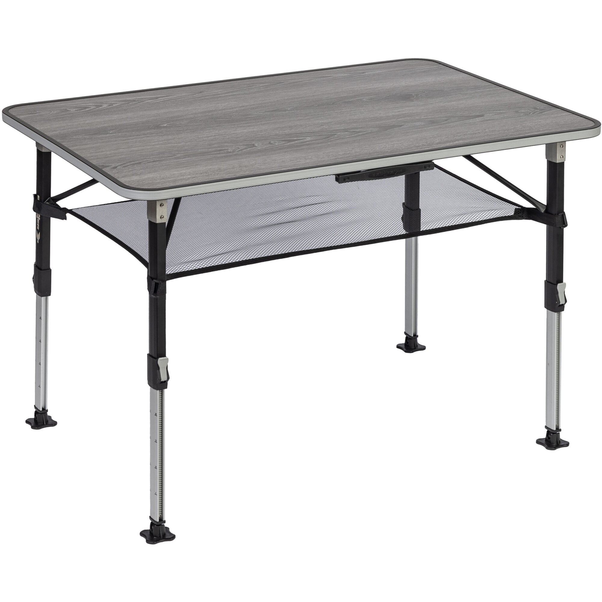 Faltbarer Campingtisch mit grauer Holzoptik-Tischplatte, robuster Metallrahmen und Netzablage unter dem Tisch