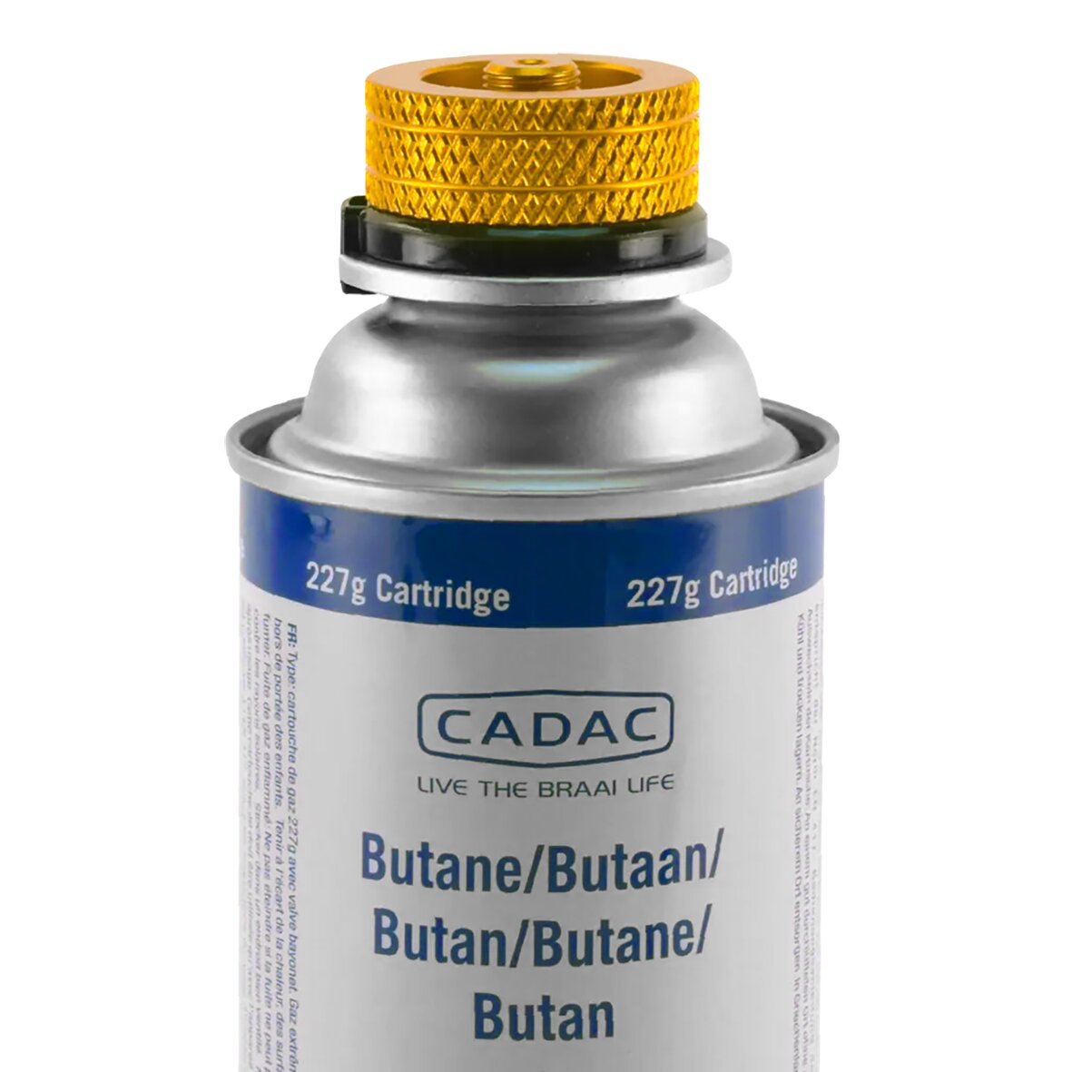 CADAC Butane 227 g Kartusche mit blauem Etikett, silbernem Gehäuse und gelb gerändeltem Adapteraufsatz oben