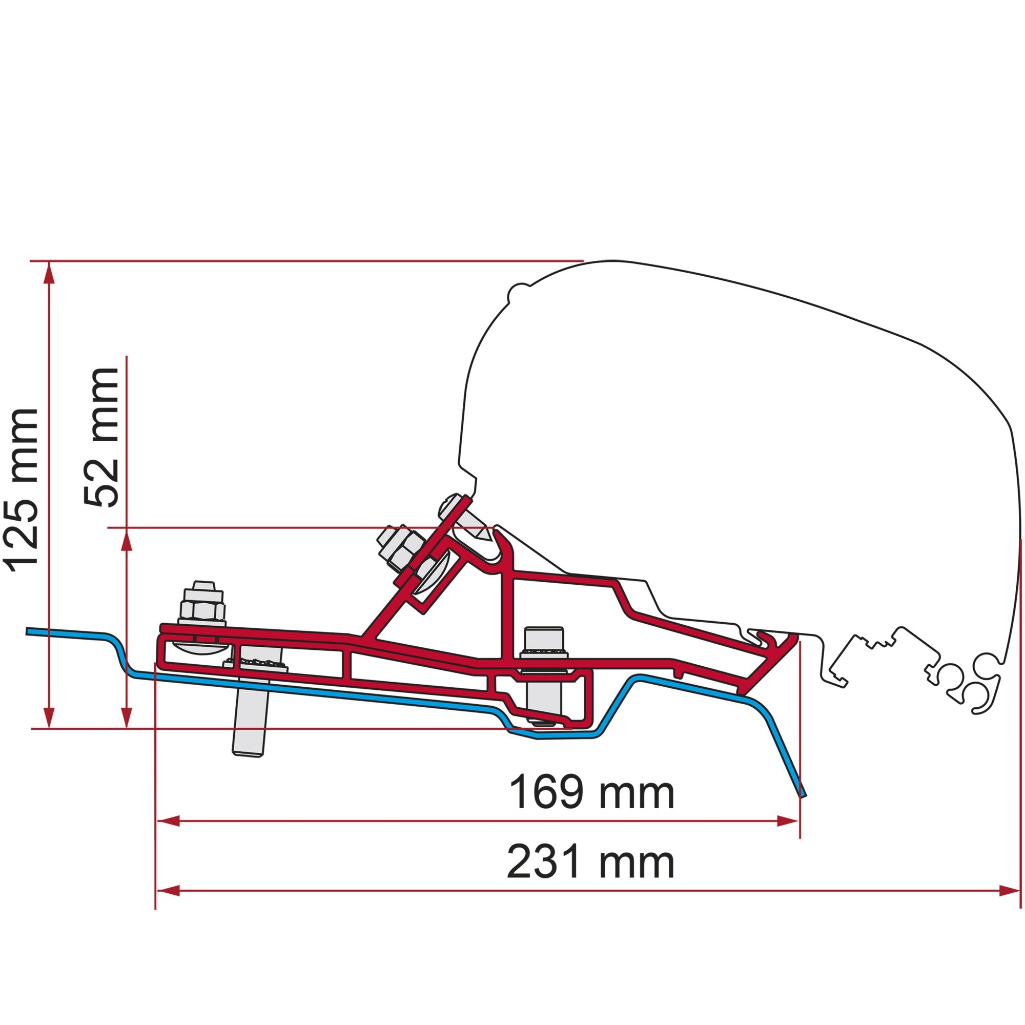 Technische Grafik eines Markisenadapters: roter Rahmen mit Schraubverbindungen, blaue Leitungen und Maßlinien neben einem Fahrzeugumriss