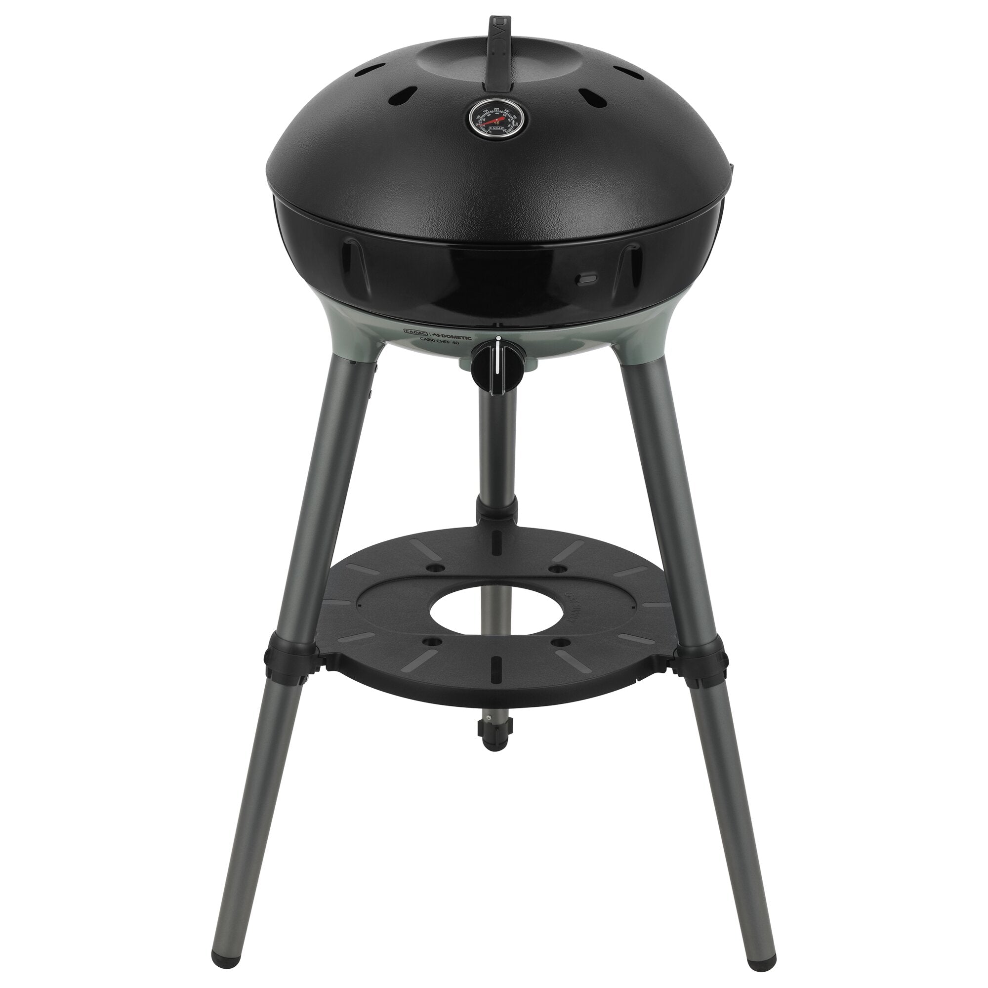 Gasgrill Carri Chef 40 BBQ mit schwarzem Deckel, Thermometer in der Mitte sichtbar, drei graue Standbeine und darunter eine runde Ablage
