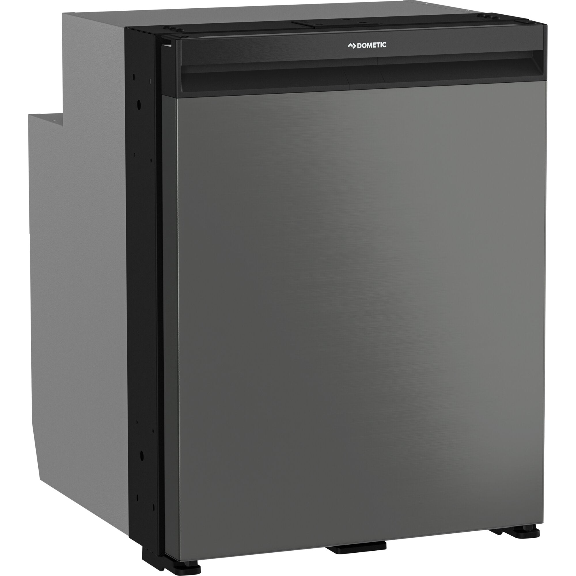 Großer Kompressorkühlschrank NRX 80C von Dometic, Front aus gebürstetem Edelstahl, schwarzes Oberteil mit Logo, steht auf Füßen