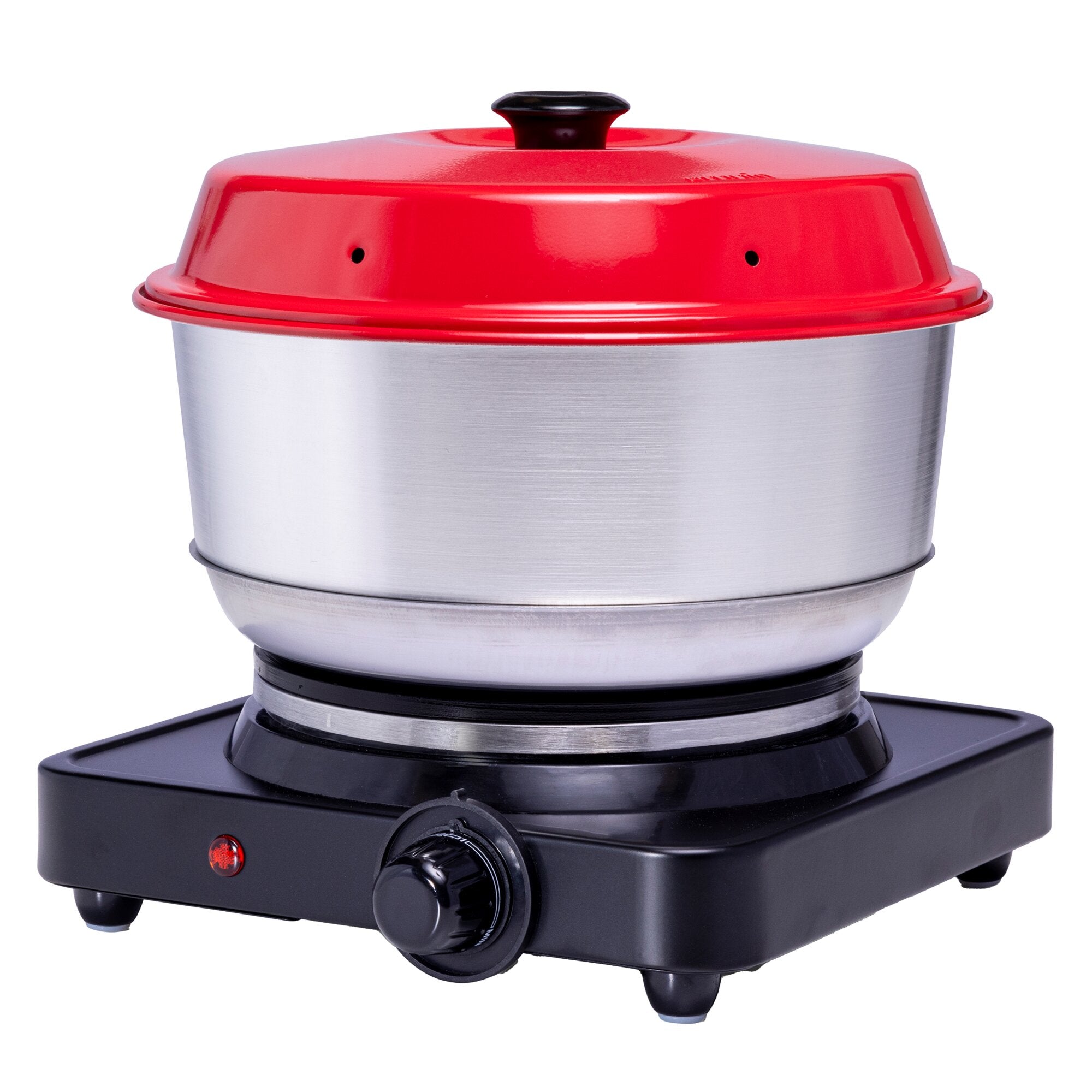 Omnia Classic Maxi 3L roter Deckel mit schwarzem Griff auf silbernem Edelstahltopf, schwarze Basiseinheit mit Drehknopf und rotem Kontrolllicht