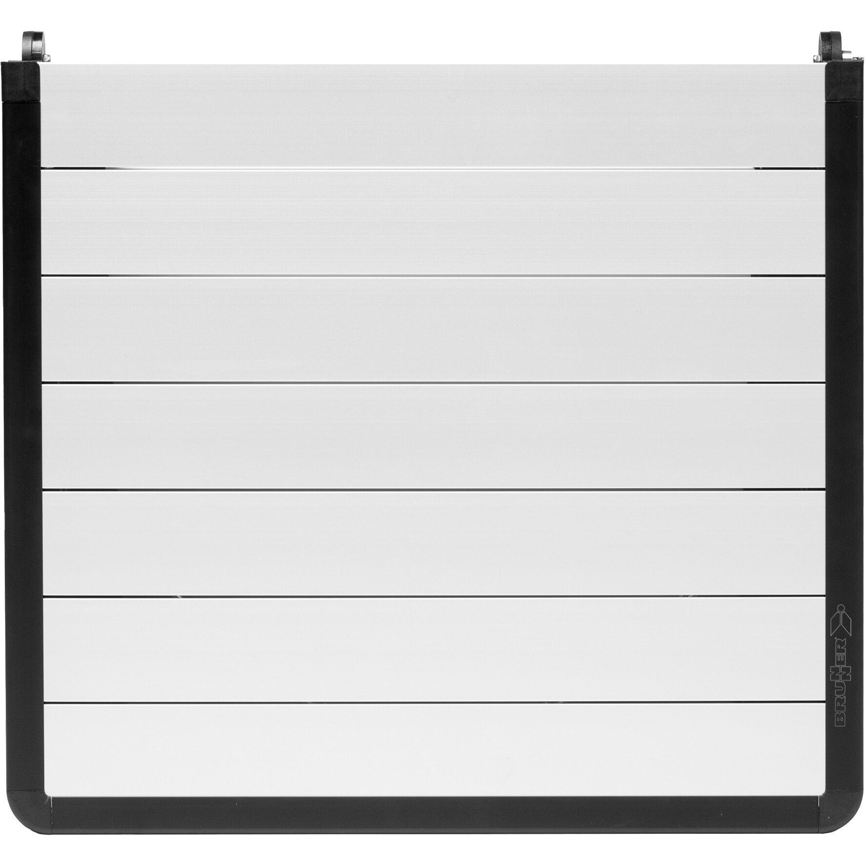Klapptisch Dinemic, 126 cm, Frontansicht eines zusammenklappbaren Tisches mit schwarzem Gestell und silbernen horizontalen Paneelen, Enden mit Rollen