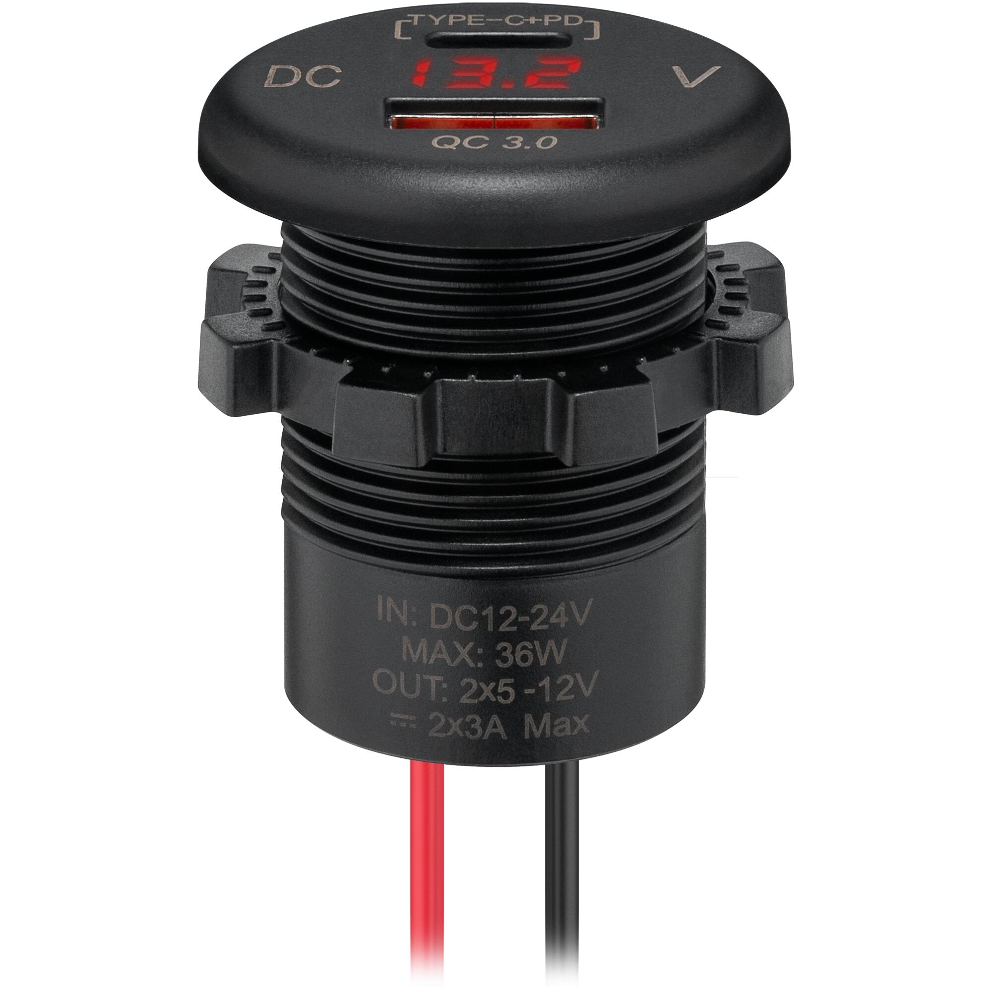 Rundes schwarzes Einbauladegerät für Fahrzeuge mit USB-C PD Port, LED-Anzeige zeigt 13,2 V, QC 3.0-Aufdruck, rotes und schwarzes Kabel sichtbar