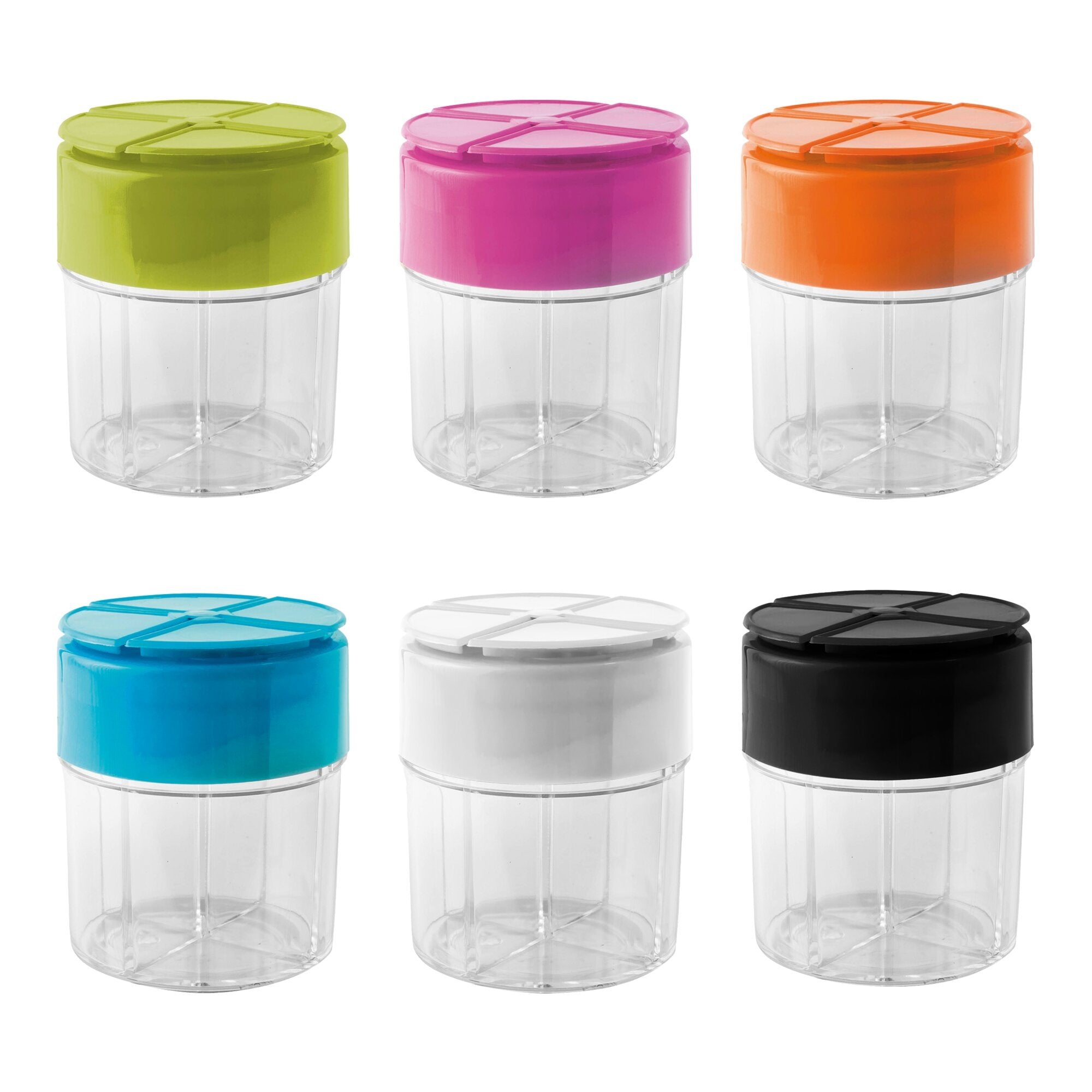 Sechs transparente Gewürzstreuer aus Kunststoff mit farbigen Deckeln (grün, pink, orange, blau, weiß, schwarz) in zwei Reihen