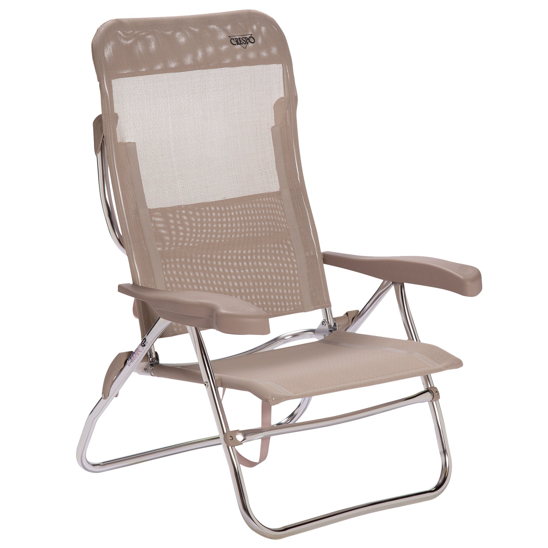 Beiger Strandstuhl AL/223 Classic mit Netzgewebe-Rückenlehne, Armlehnen aus Kunststoff und verchromtem Stahlrahmen in Klappkonstruktion