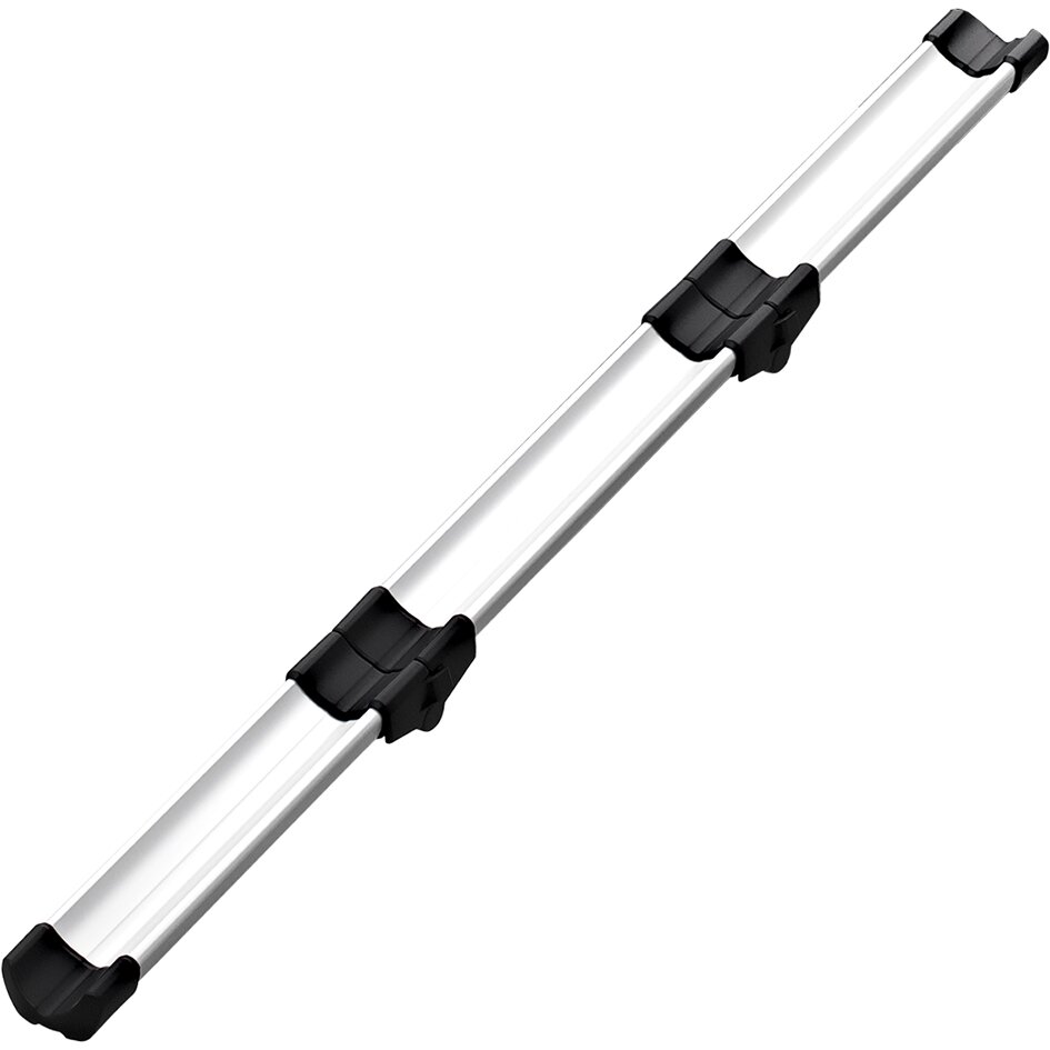 Laderampe aus silbernem Aluminium mit schwarzen Halteklammern und Endkappen, diagonal abgebildet