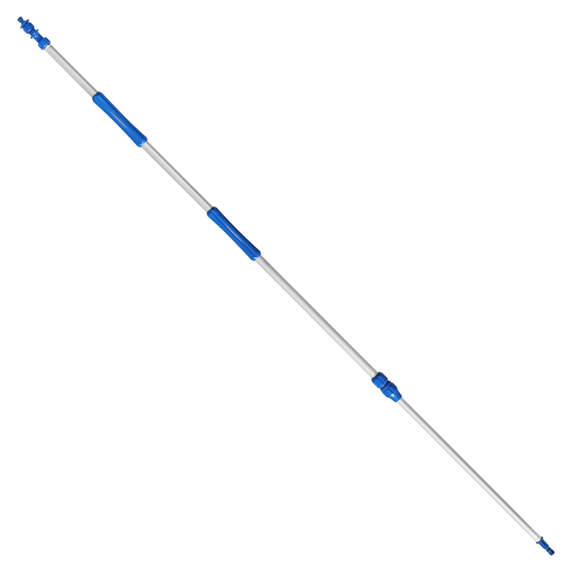 Diagonal verlaufende lange silberne Wasserdurchlaufstange mit blauen Verbindungsstücken zwischen den Segmenten, 160 cm Länge