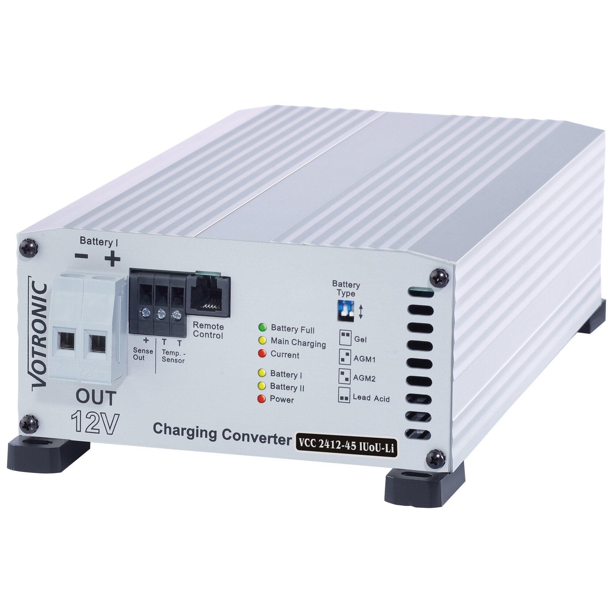 Metallischer Ladebooster mit geriffelter Oberseite, Anschlussblock und LEDs; sichtbare Beschriftung Battery I/II, Voltage, Power