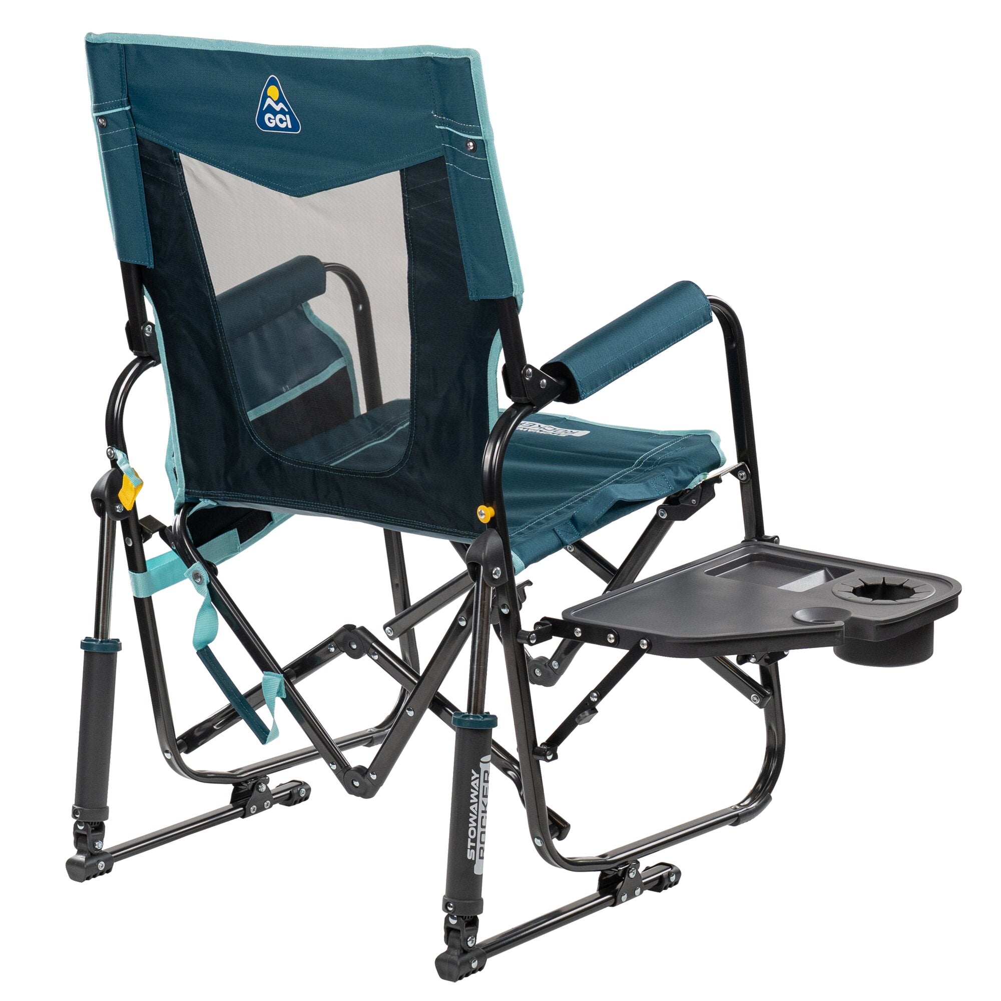 Blaue Camping-Schaukelstuhl Stowaway Rocker mit Tisch, schwarzes Metallgestell, Rückenlehne und Armlehnen, integrierter Beistelltisch