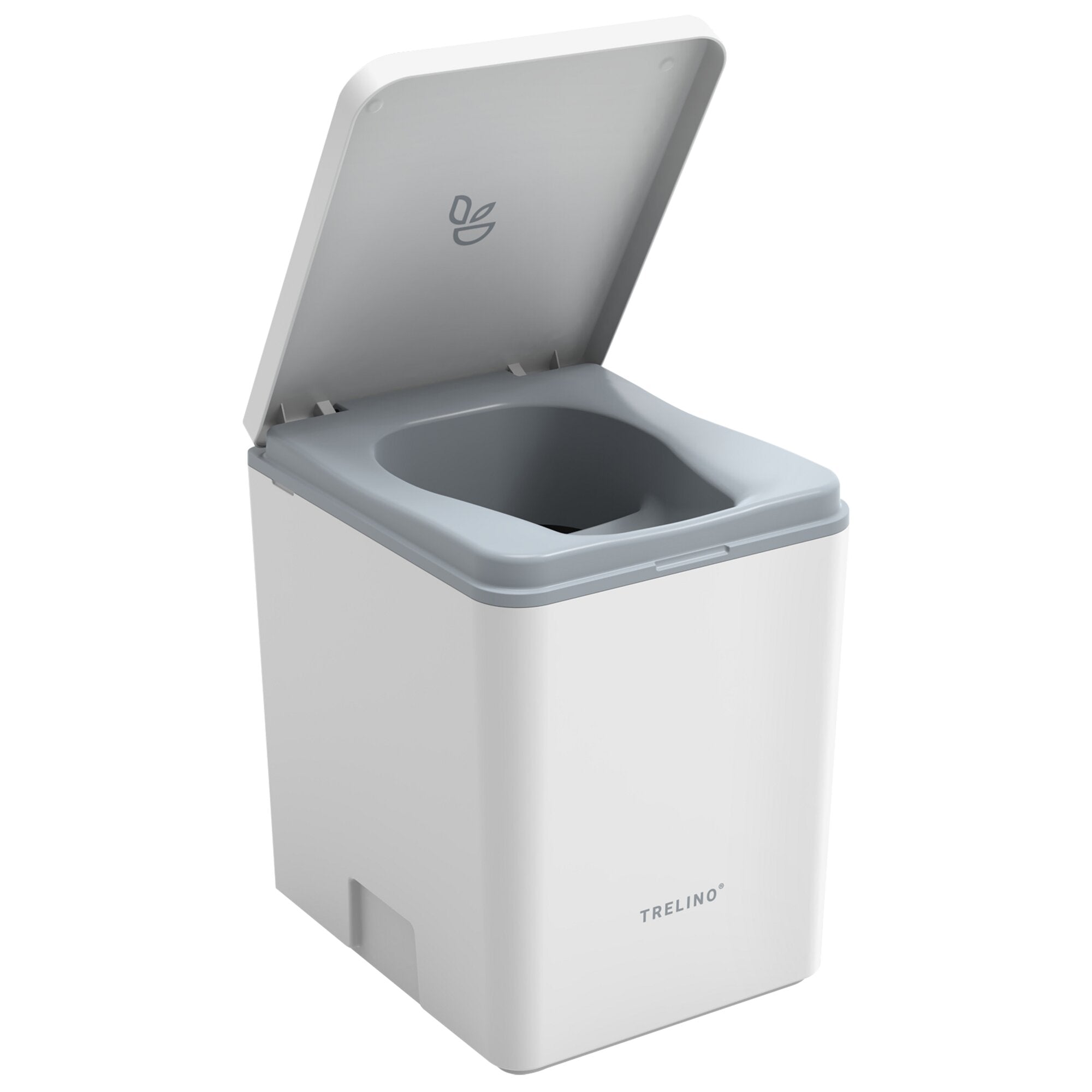 Geöffnete Trenntoilette Trelino Evo in Weiß, graue Innenseite des Beckens sichtbar, Deckel mit Logo innen