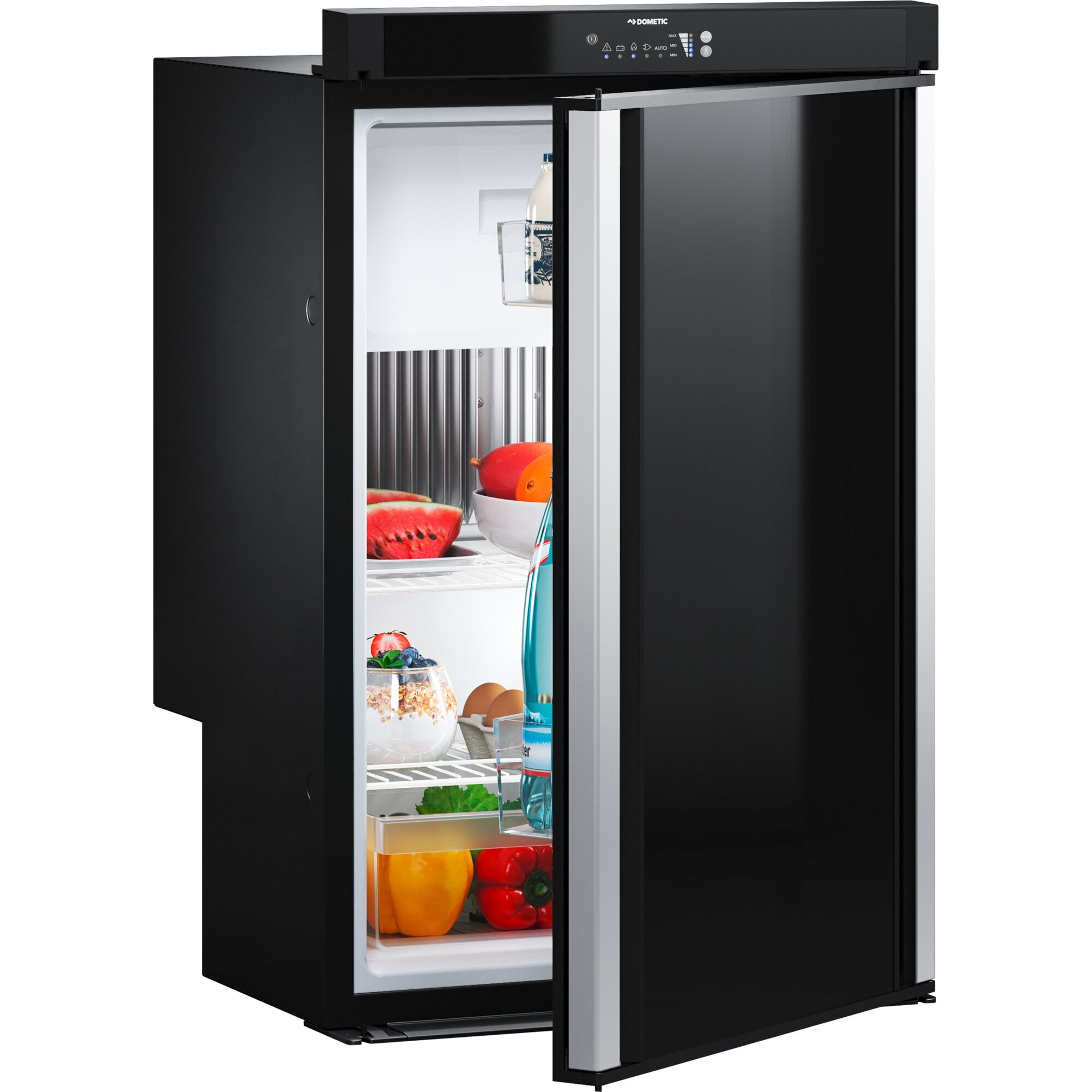 Schwarzer Dometic RMS 10.5XP Absorber-Kühlschrank, Tür leicht geöffnet, Innenraum mit Obst, Gemüse, Flaschen und Gläsern; Bedienfeld oben