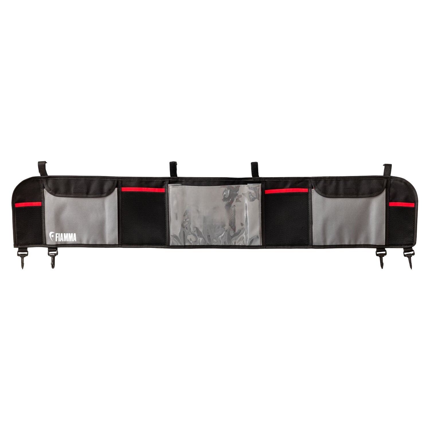 Schwarzer langer Organizer mit roten Akzenten und grauen Paneelen, zentrale transparente Tasche, Mesh- und Netztaschen, Metallhakenenden, FIAMMA-Logo