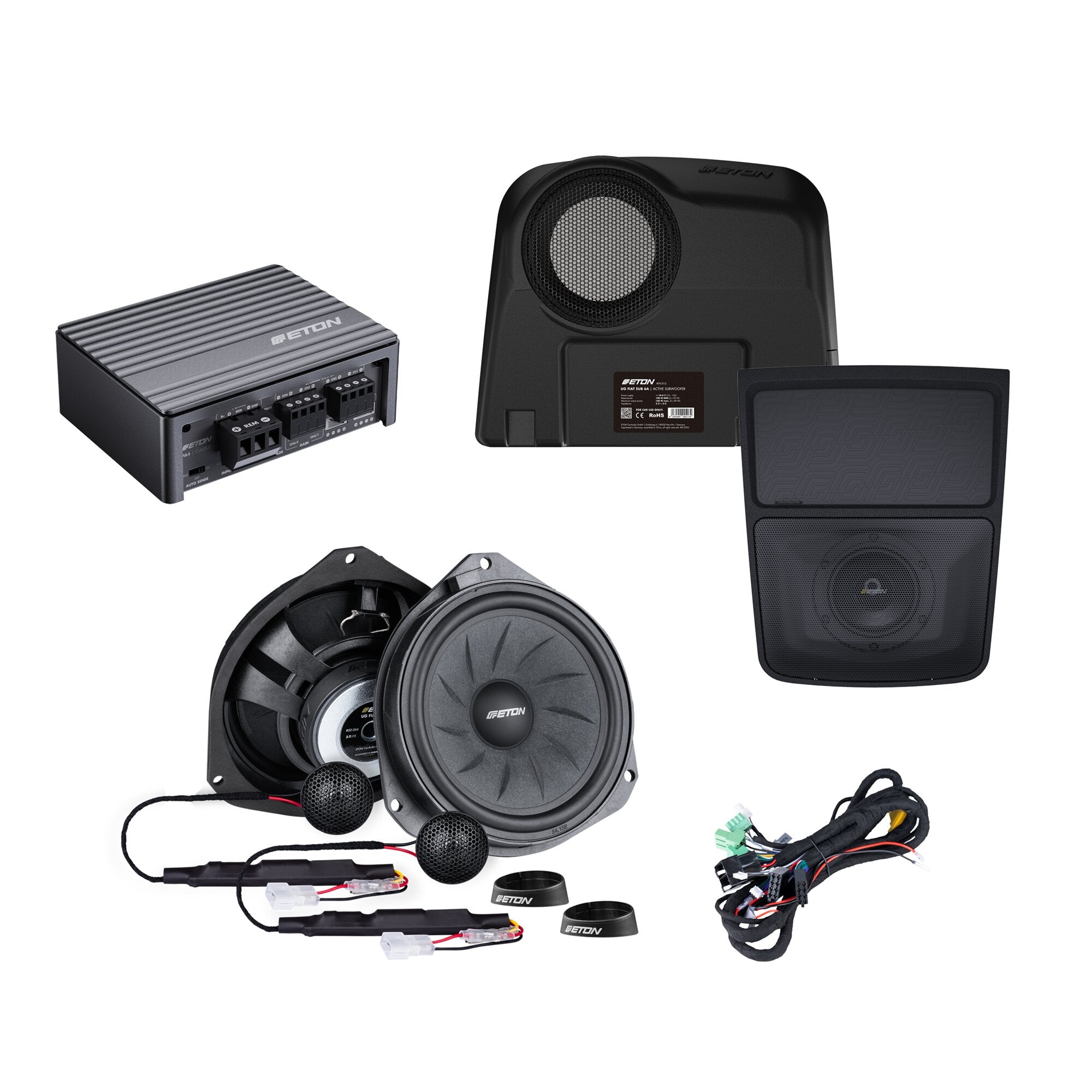 ETON Soundsystem Komplettset für Fiat Ducato, sichtbar ein Verstärker mit Kühlrippen, Subwoofer im Gehäuse, Lautsprecher und Kabelbündel