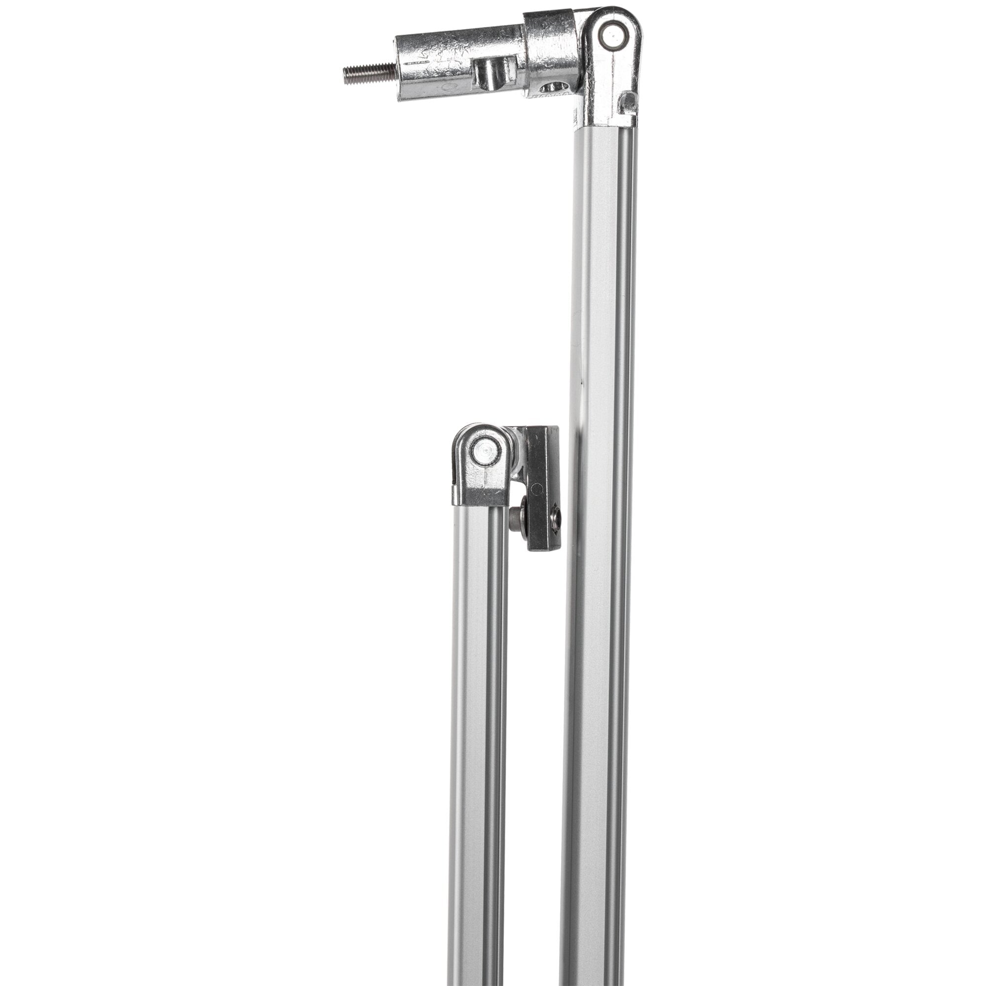 Gelenkarm aus Aluminium, silberfarben, mit Scharnierverbindung und Gewindestift links, zwei vertikale Rohre bilden den Arm
