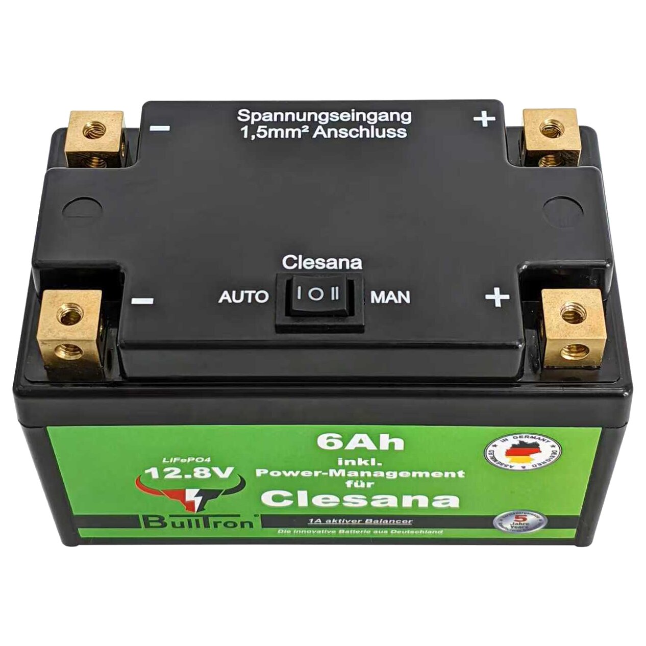 Schwarzer Lithium-Batterieblock mit vier Klemmen an den Ecken, AUTO/MAN-Schalter, 12,8 V und 6 Ah, inkl. Power-Management für Clesana C1
