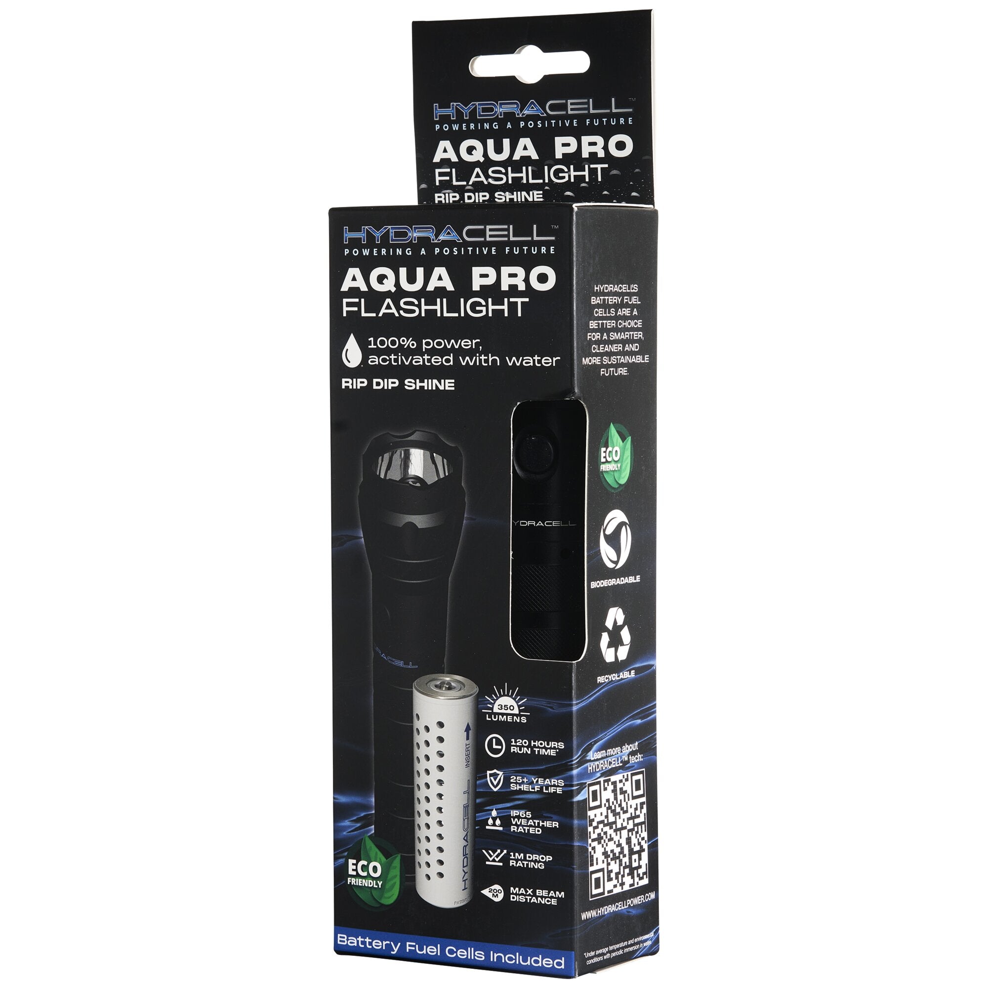 Schwarze Verpackung mit Sichtfenster zeigt AQUA PRO FLASHLIGHT, silbrig-graue, durchlöcherte Taschenlampe, Hydracell-Logo und QR-Code