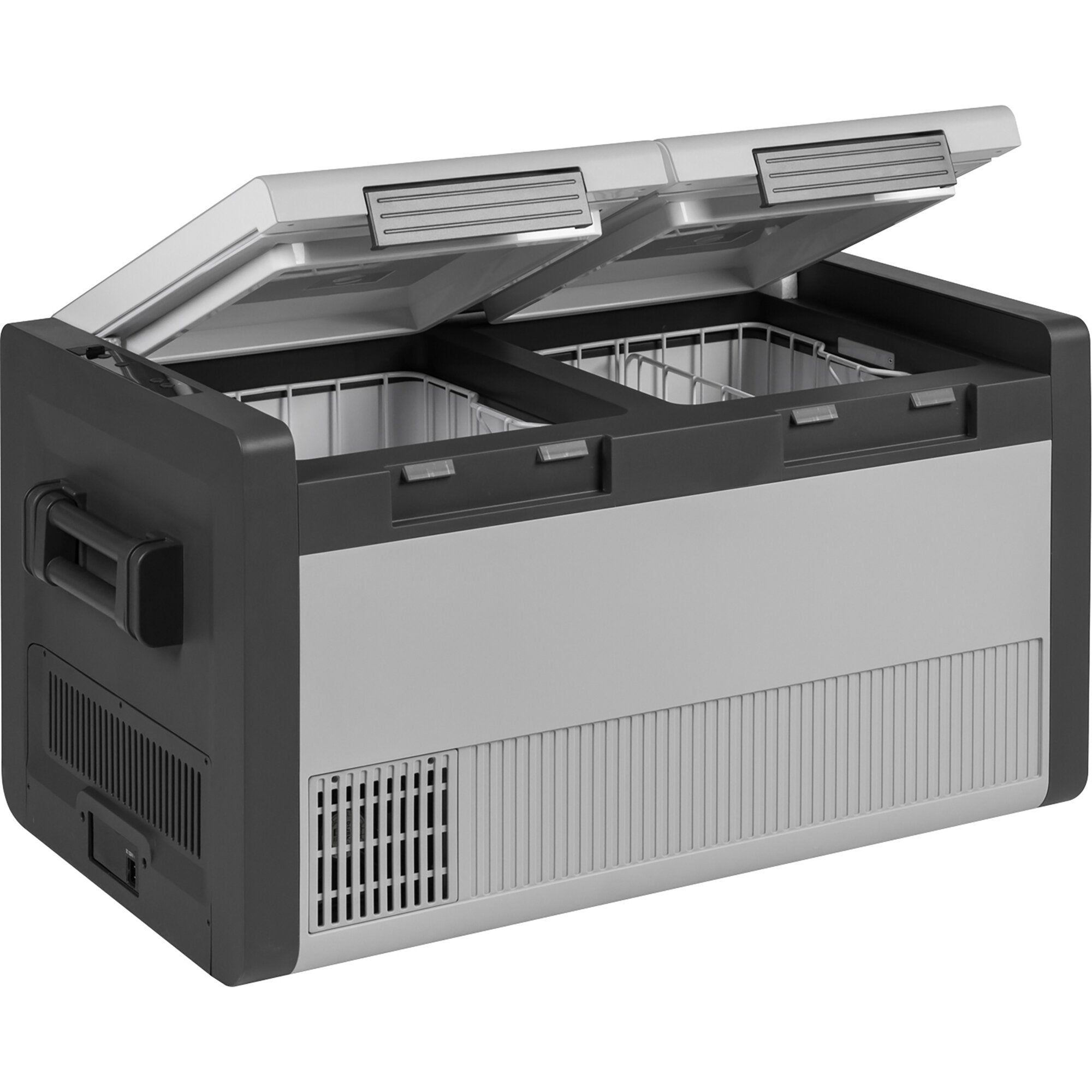 Kühlbox mit geöffnetem Deckel, Innenraum sichtbar mit Metallkorb, Ablageboden, Lüftungsgitter, graue Außenhaut und seitliche Griffe