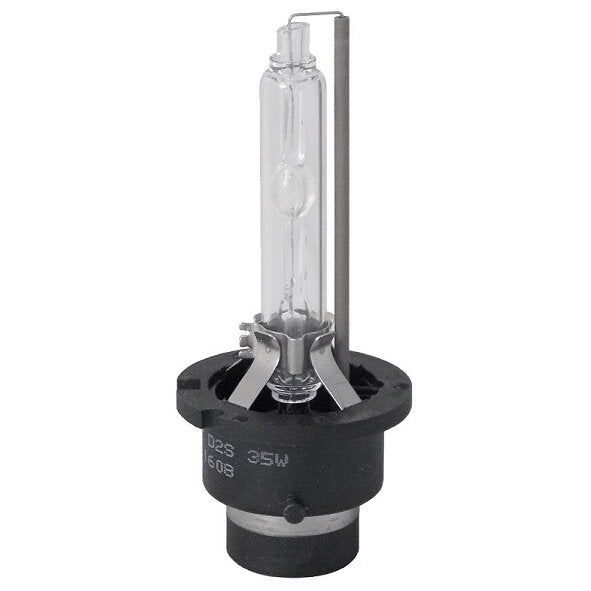Xenon-Glühlampe P32d-2 mit langem Glasrohr, seitlicher Metallstange, drei Metallklemmen am schwarzen runden Sockel