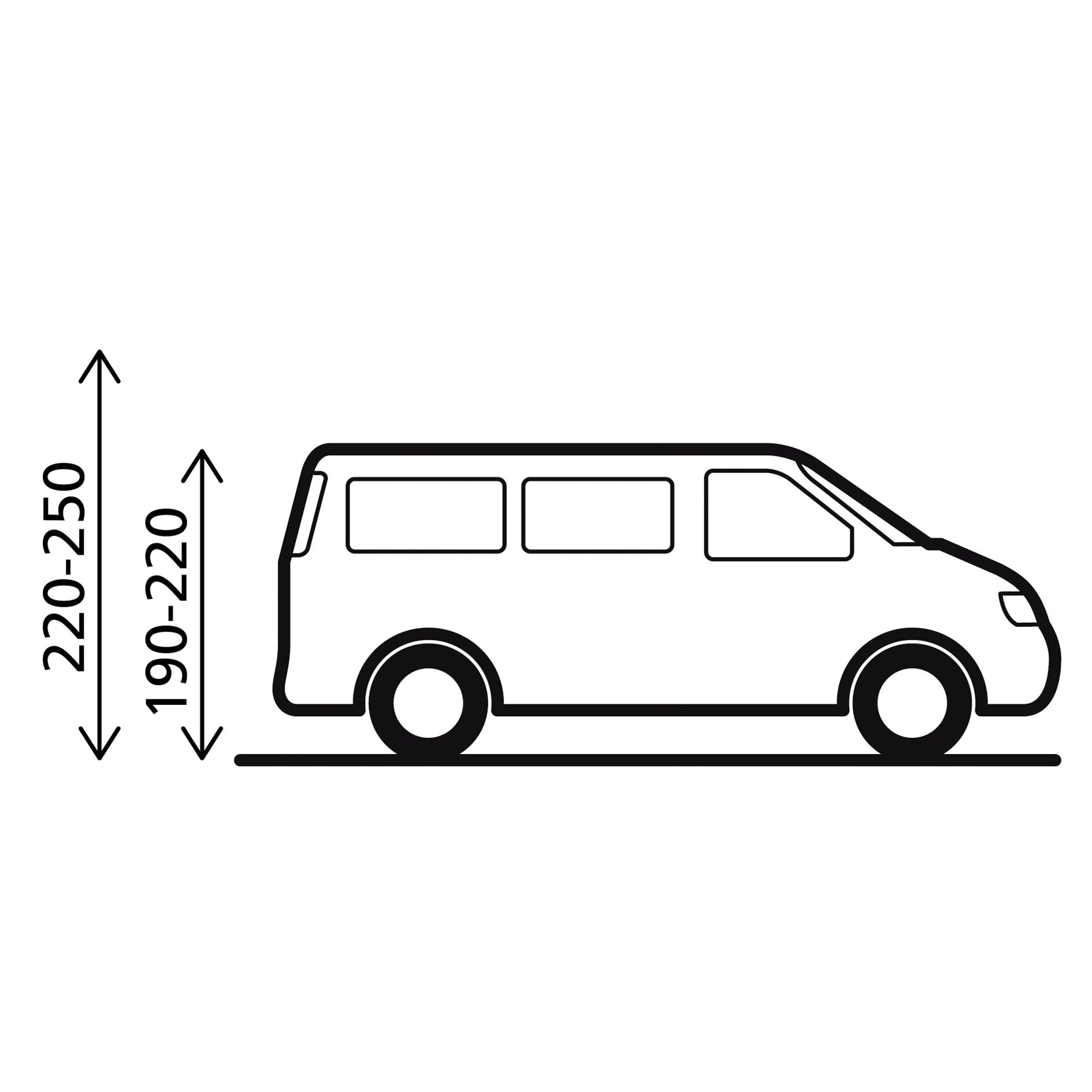 Schwarz-weiß Skizze eines Busseitenprofils mit mehreren Fenstern, zwei Achsen, runden Rädern und Messlinien am linken Rand