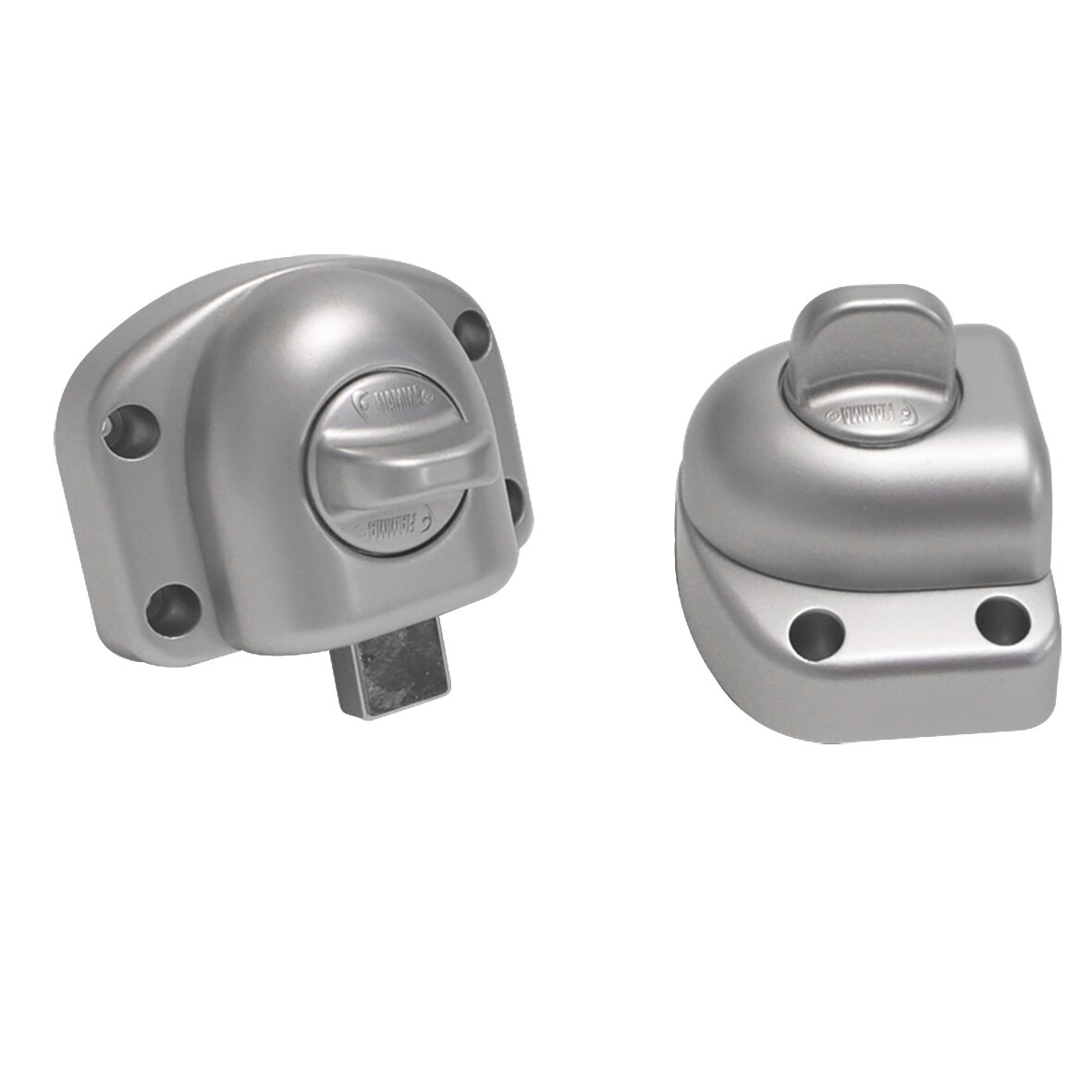 Silberne Innentürverriegelung Safe Door Guardian für Ford Transit Gen.6, Vorderseite Abdeckung und Griff, Rückseite Basisplatte und Löcher