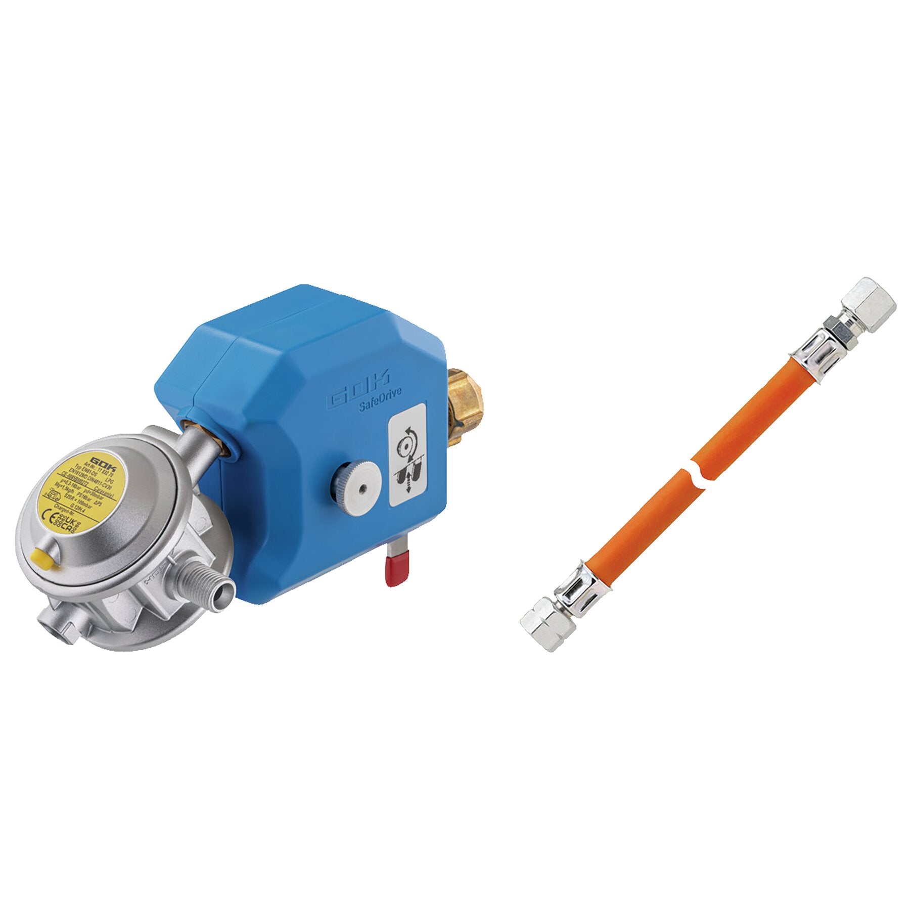 Blaues Gasdruck-Regelgerät mit Druckregler, rundem Messkopf, Messinganschlüssen und orangefarbenem Schlauch mit Metallkupplung vor weißem Hintergrund