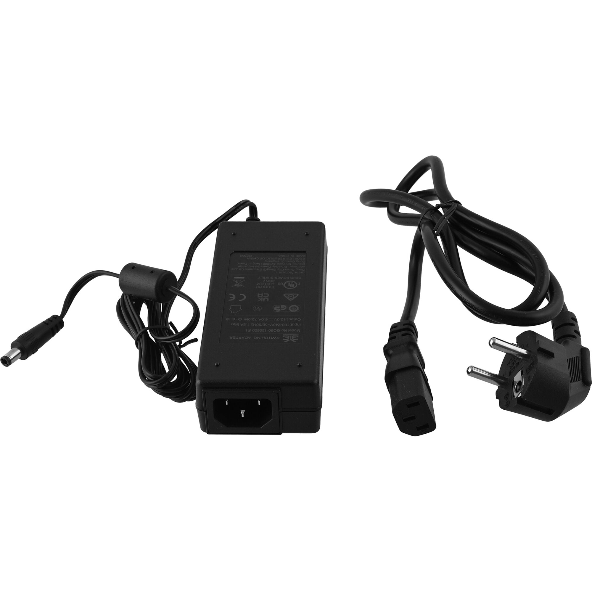 Schwarzes Netzteil mit langem Kabel, rechts sichtbarer Eurostecker, links Barrel-DC-Stecker, geeignet für 230V Eingang
