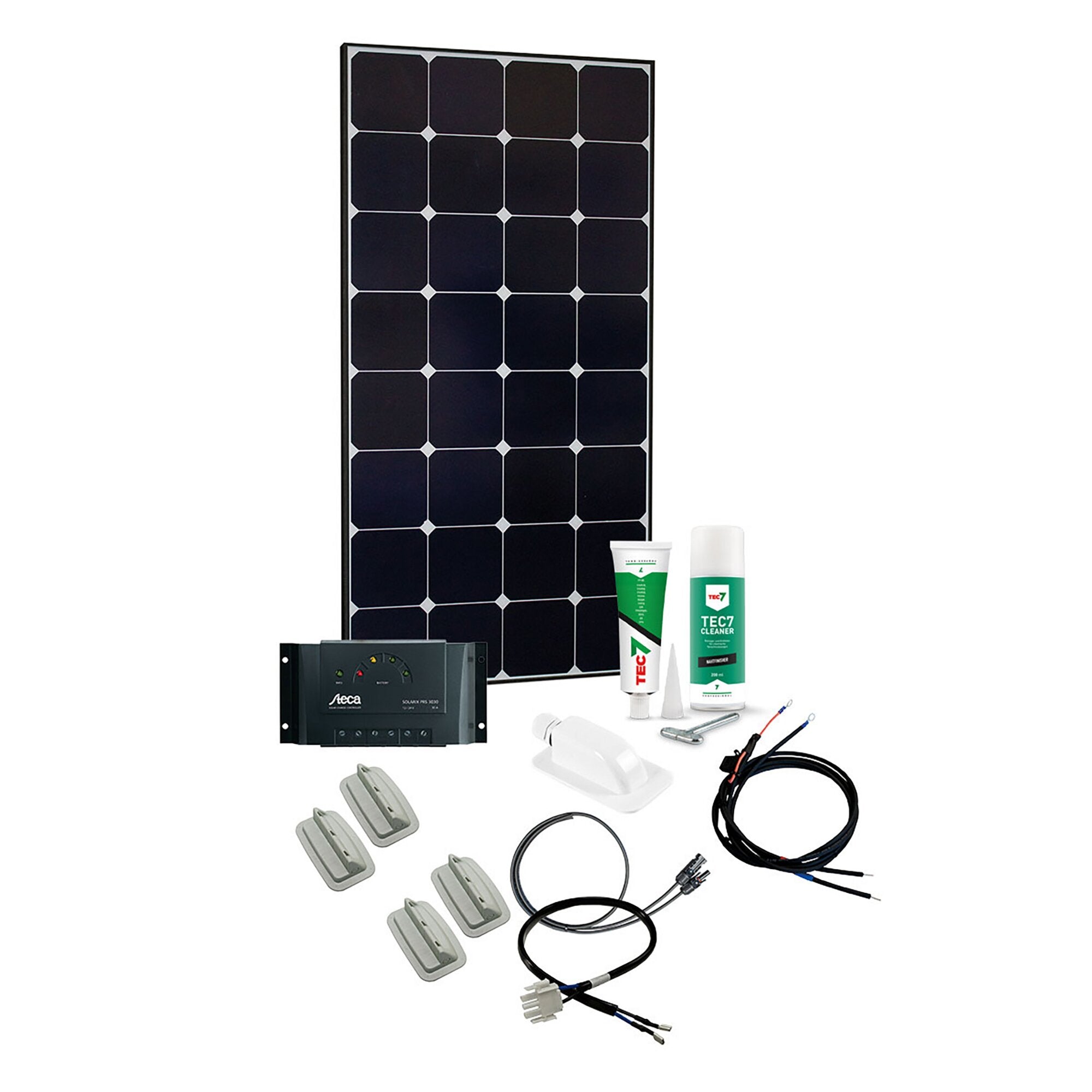 Großes dunkles Solarpanel mit schwarzen Zellen, dazu Laderegler, mehrere Kabel, Befestigungsclips und Reinigungsprodukte im Kit