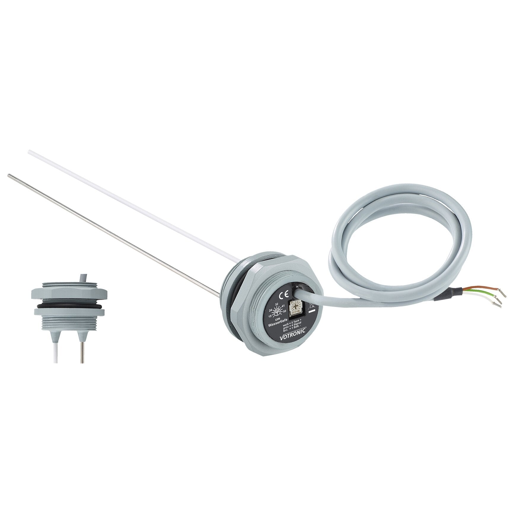 Tankelektrode K: langer Metall-Sensorstab, weiß isoliertes Führungsteil, grauer runder Sensor mit Anschlusskabel und Gewinde-Adapter mit zwei Stiften