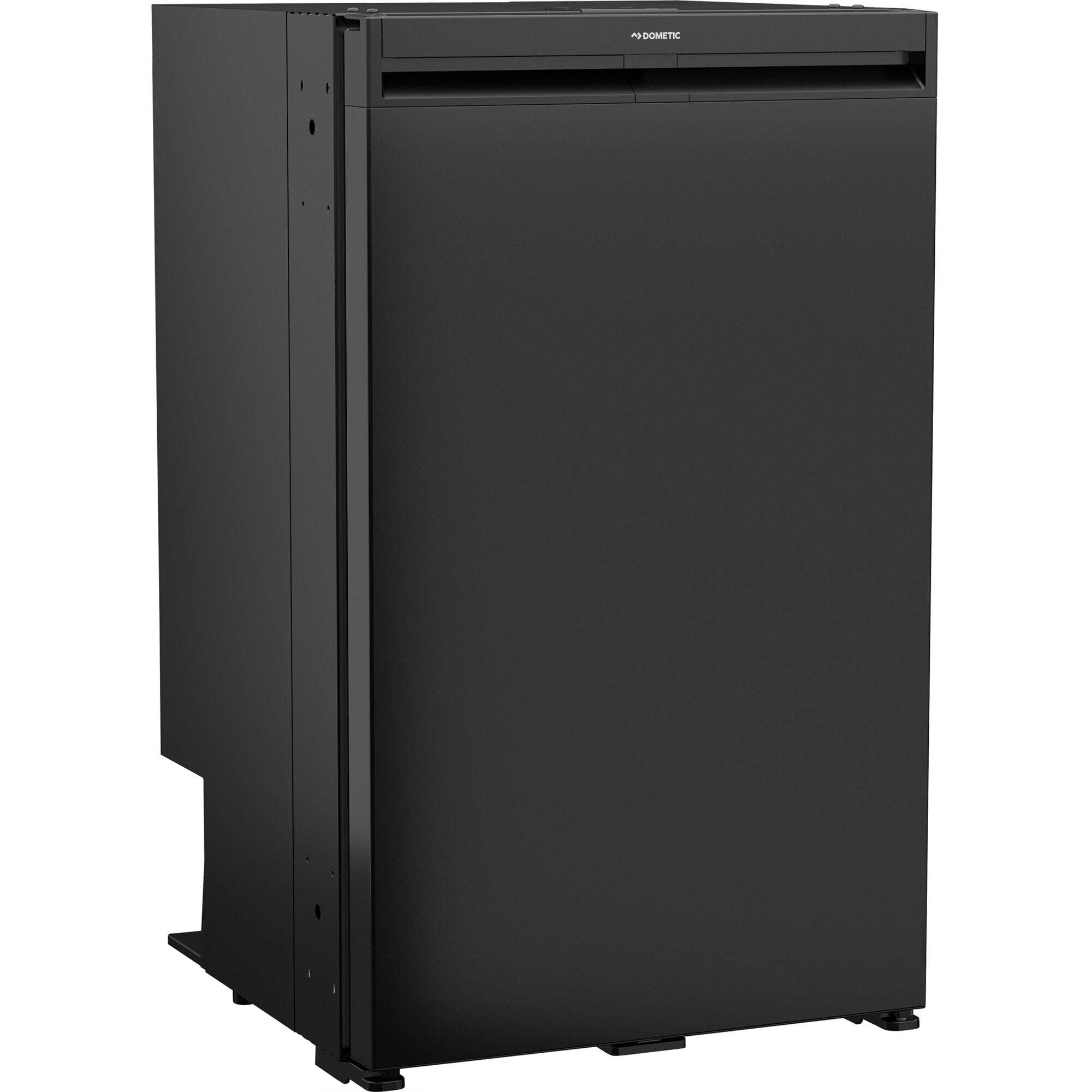Schwarzer, freistehender NRX 90V Kühlschrank von Dometic, 12/24 V, mit flacher Türfront, sichtbarem Dometic-Logo an der oberen Front