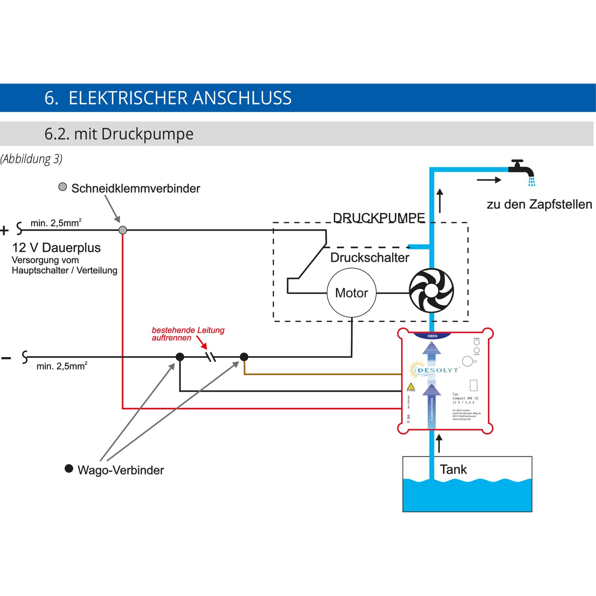 Technische Diagrammzeichnung eines elektrischen Anschlusses mit Druckpumpe, Motor und Wasserpfad für Desolyt Compact ONE IQ Sense Wasserdesinfektion
