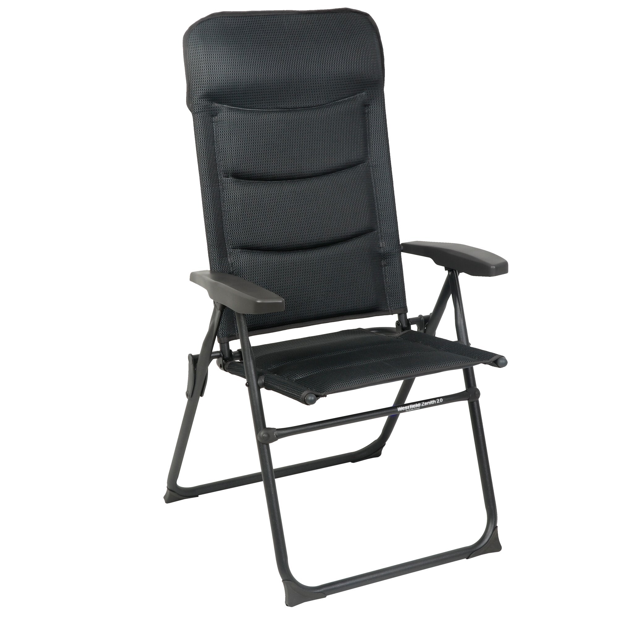 Campingstuhl Zenith 2 in anthrazit mit hoher Rückenlehne aus atmungsaktivem Netzgewebe, grauen Armlehnen und stabilem Metallrahmen