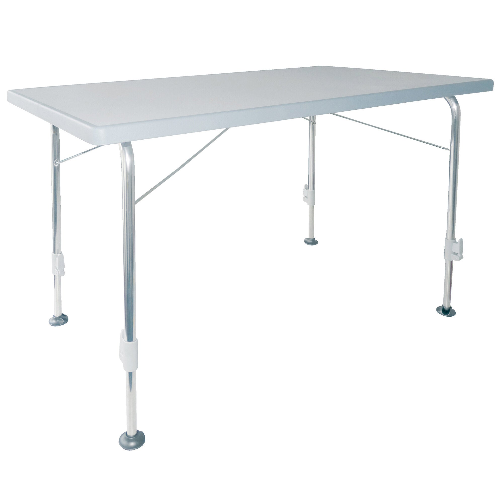 Hellgrauer Campingtisch Stabilic 3 mit rechteckiger Platte, verchromten Metallbeinen, Querstreben darunter und Gummikappen an den Füßen