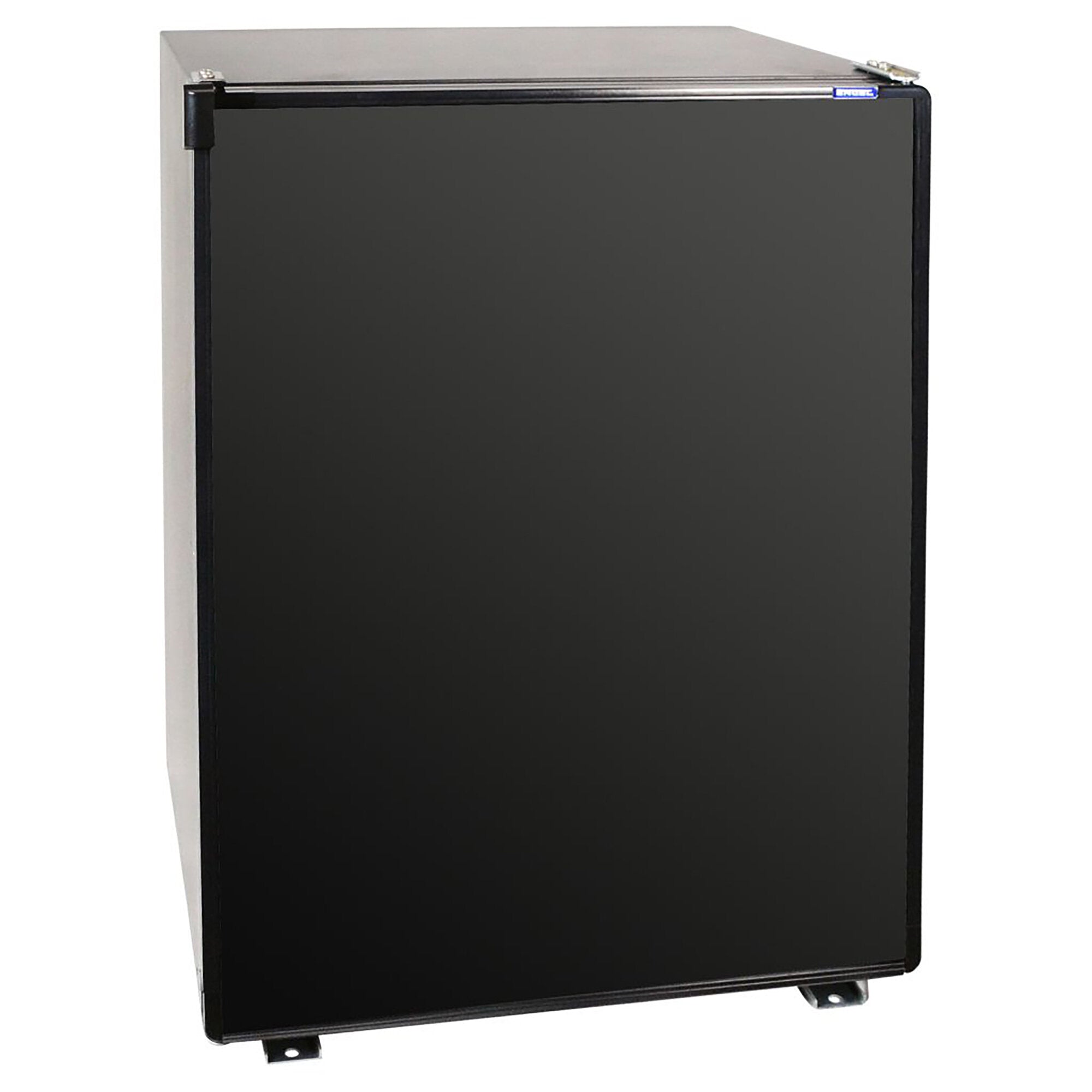 CK-100 Kühlschrank mit schwarzer Front und Metallgehäuse, seitliche Perspektive, sichtbare Montagefüße unten rechts und links, 12/24 Volt