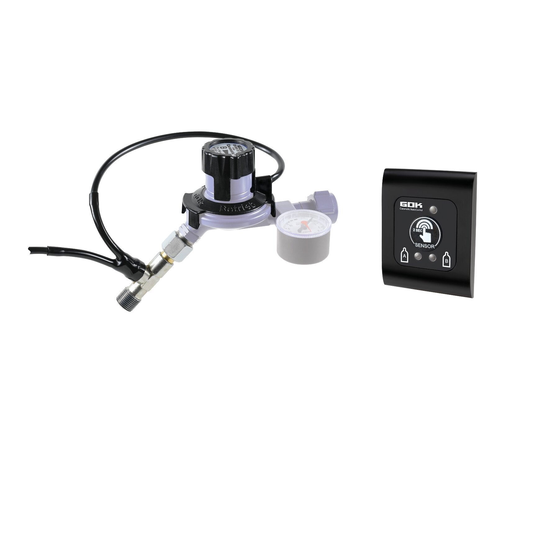 Komplettset Fernanzeige BasicControl mit Gasregler, Manometer, Schlauch und schwarzem Steuergerät mit GDK-Logo