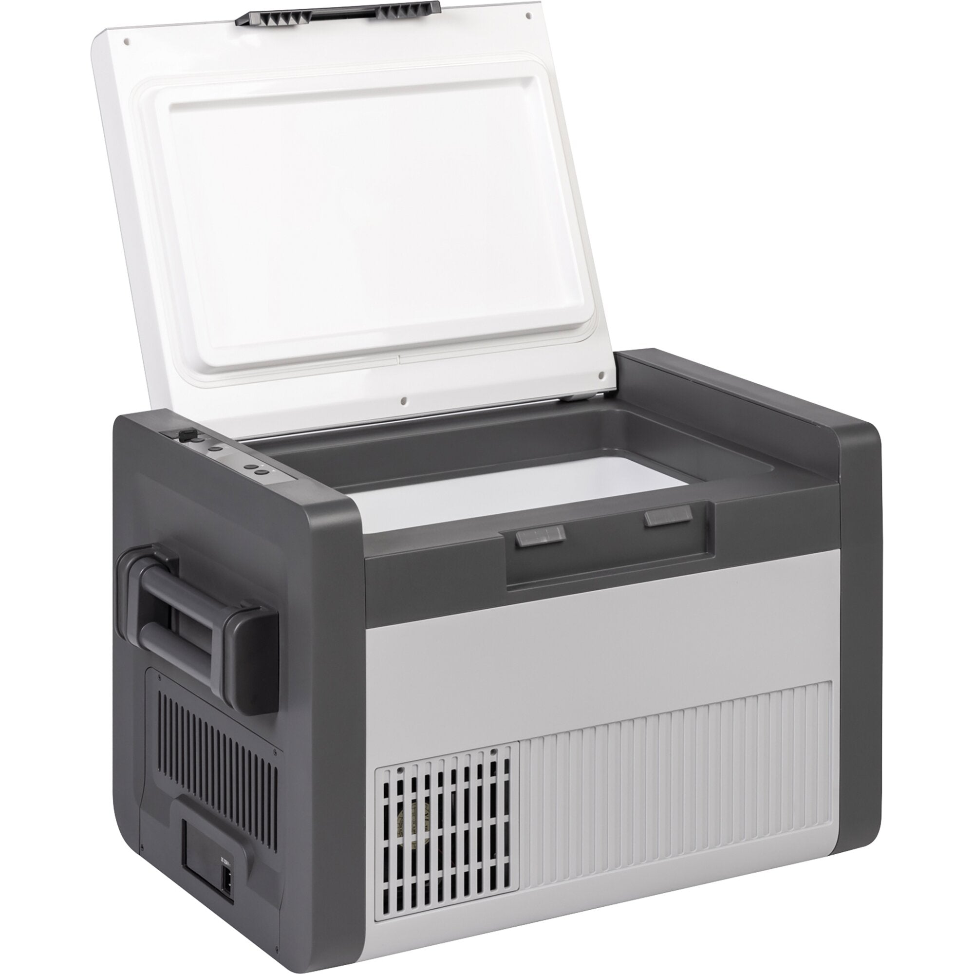 Polarys Criomaster Kühlbox mit offenem weißen Deckel, dunkelgraues Gehäuse, seitliche Griffe und belüftete Frontabschnitte, Kapazität 25 l