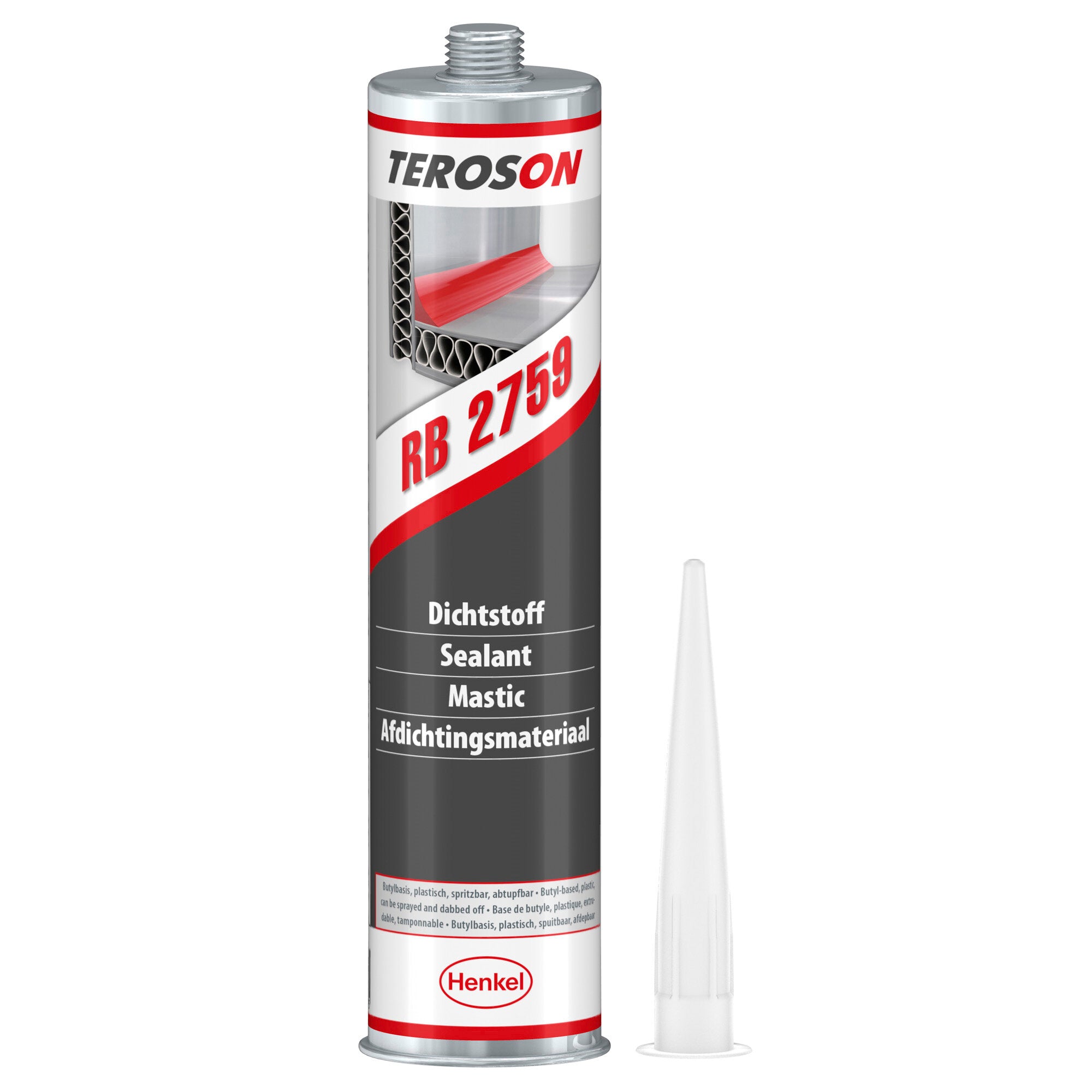 Aufrecht stehende Kartusche Teroson RB 2759 310 ml mit rotem Streifen, Henkel-Logo, Dichtstoff und Düse daneben