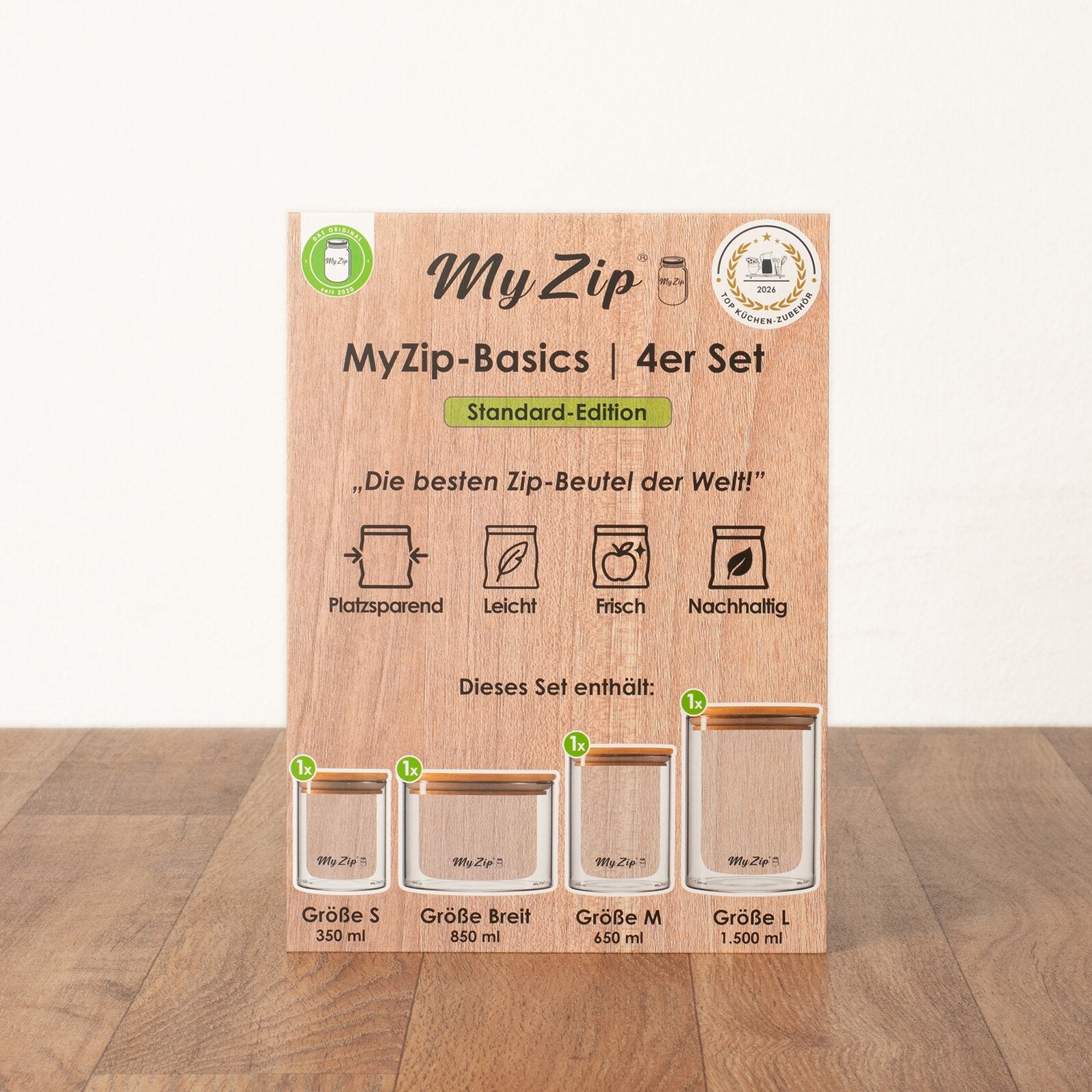 MyZip Basics 4er Set Standard Edition in Holzoptik mit vier transparenten Vorratsbehältern S 350 ml, Breit 850 ml, M 650 ml und L 1.500 ml